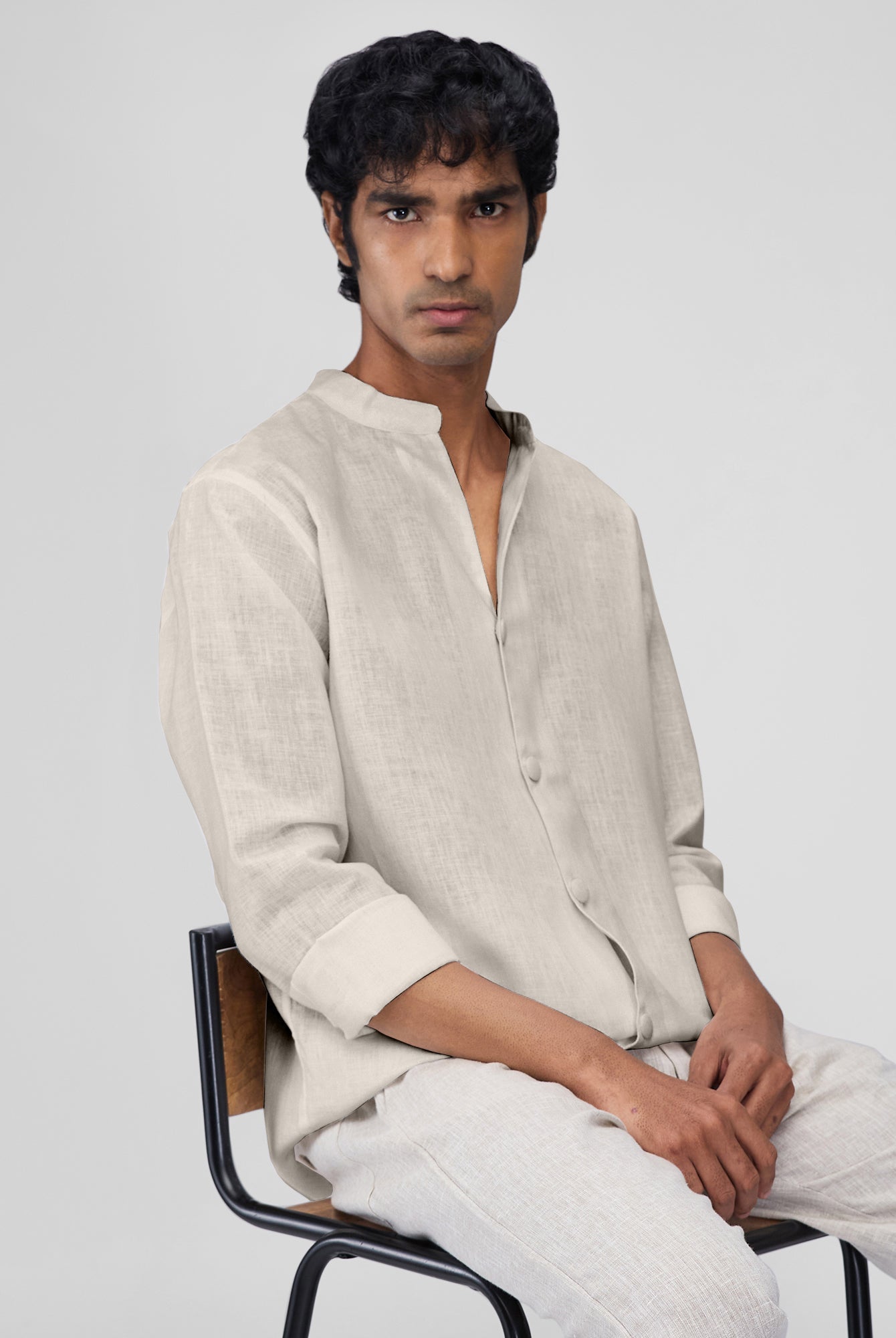 Airavat Mandarin | Beige 100% Linen Shirt - CiceroniMen Shirtsbhrāta