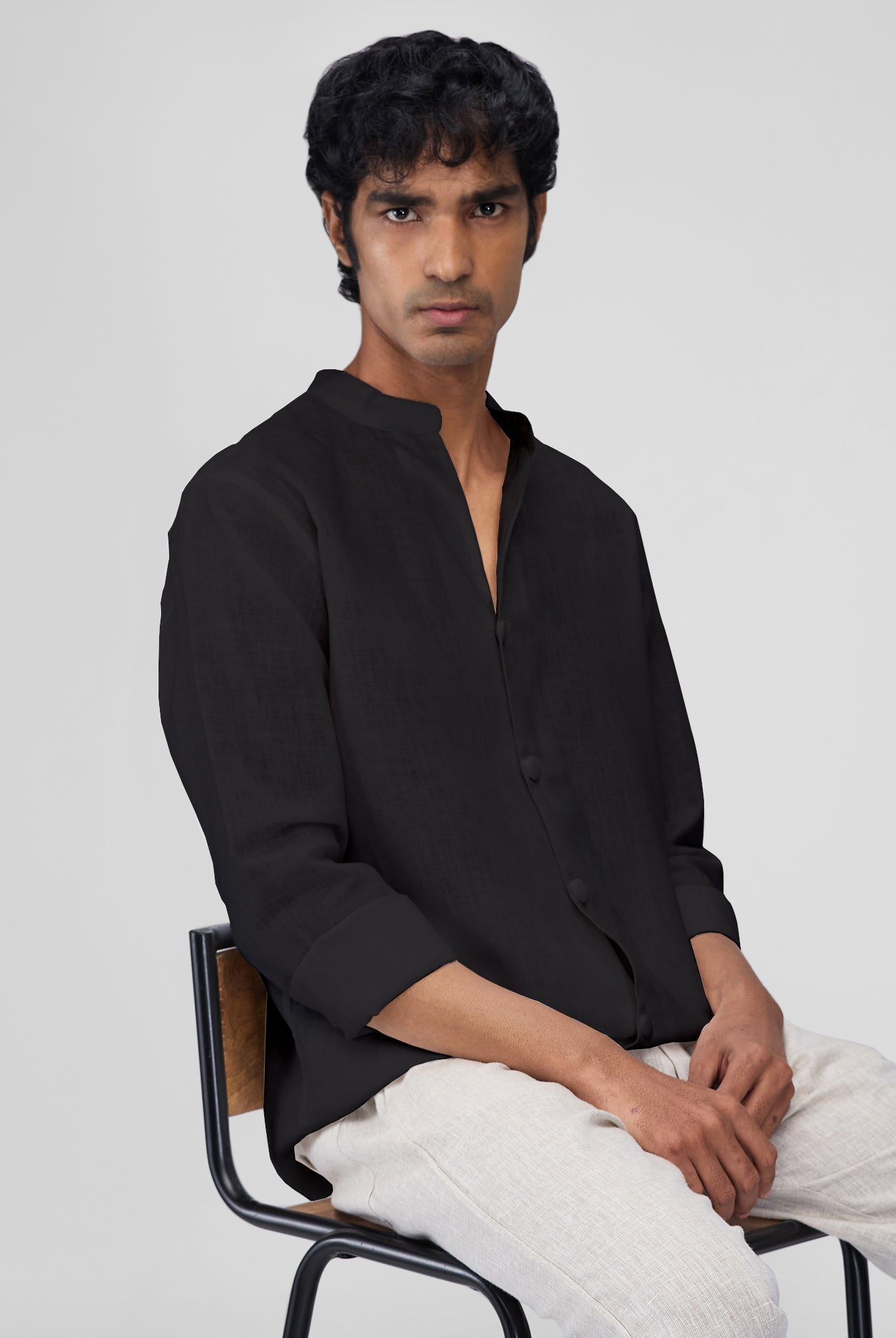 Airavat Mandarin | Black 100% Linen Shirt - CiceroniMen Shirtsbhrāta