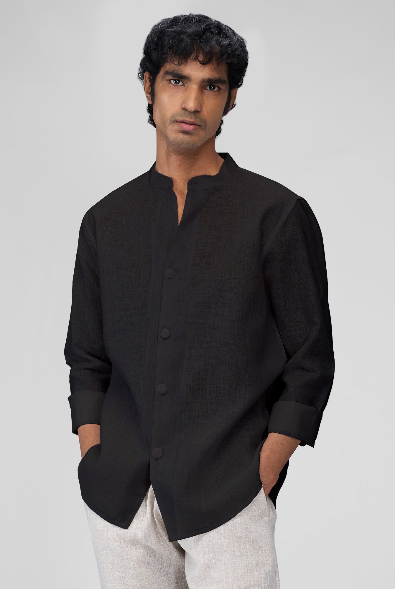 Airavat Mandarin | Black 100% Linen Shirt - CiceroniMen Shirtsbhrāta