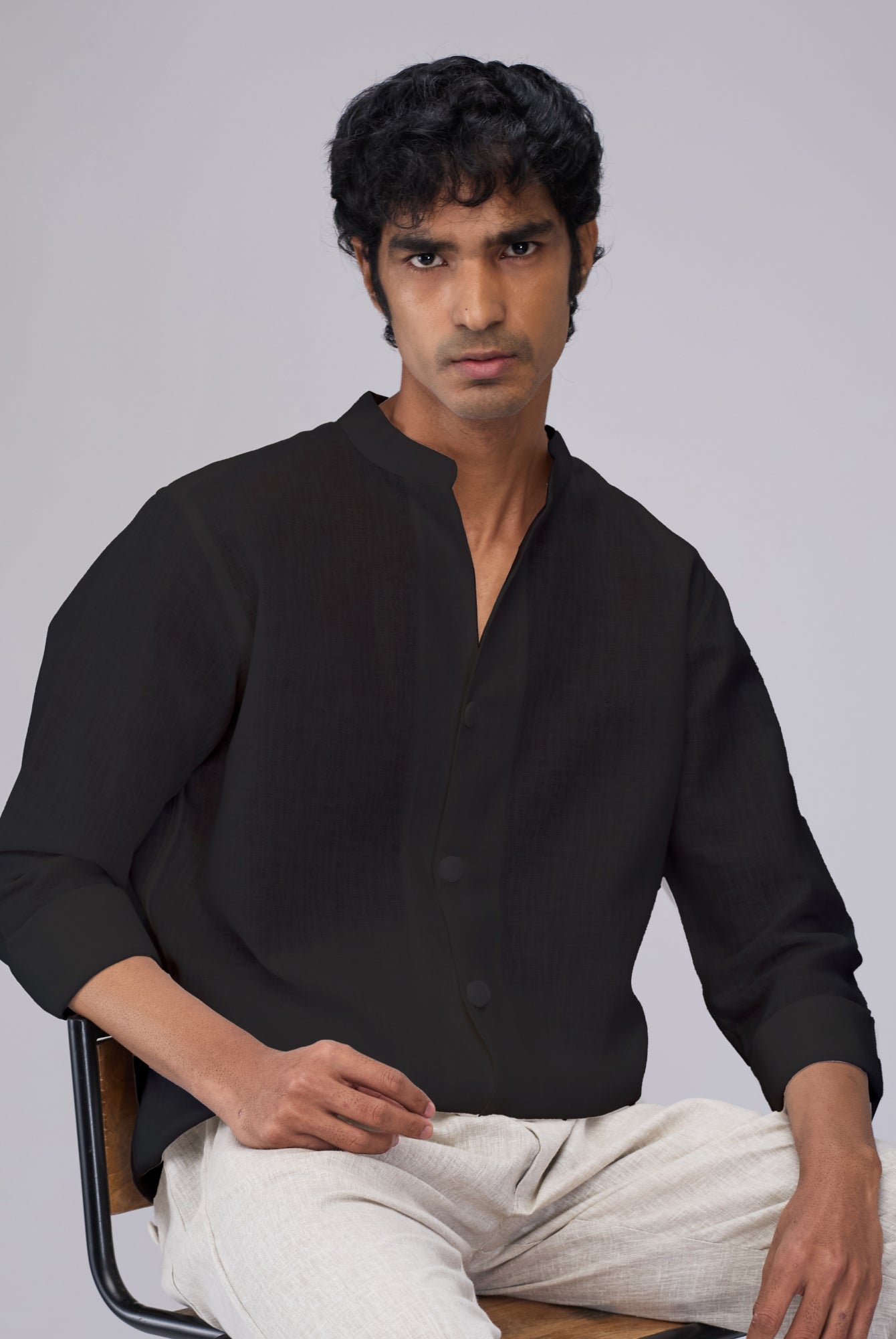 Airavat Mandarin | Black 100% Linen Shirt - CiceroniMen Shirtsbhrāta