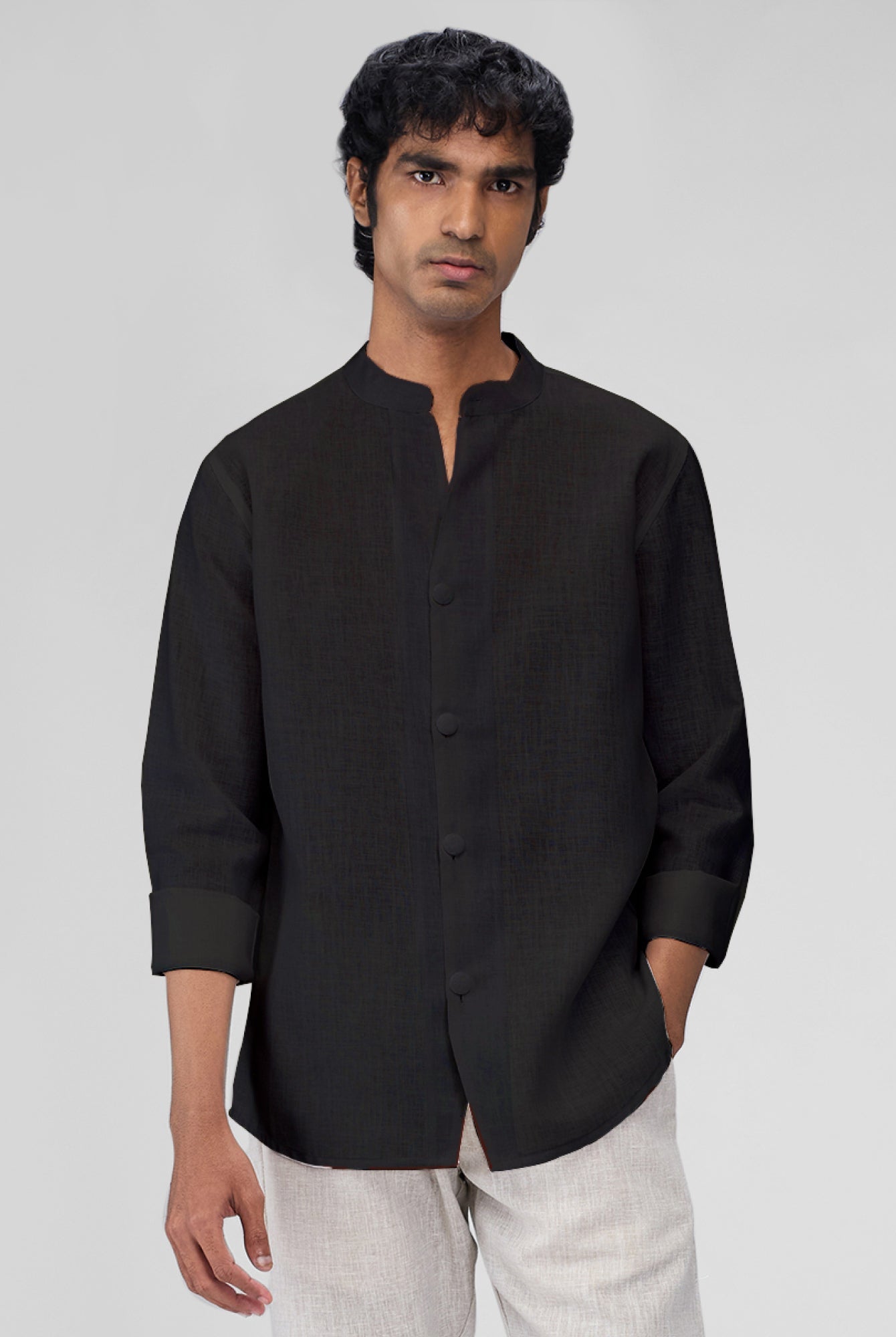 Airavat Mandarin | Black 100% Linen Shirt - CiceroniMen Shirtsbhrāta