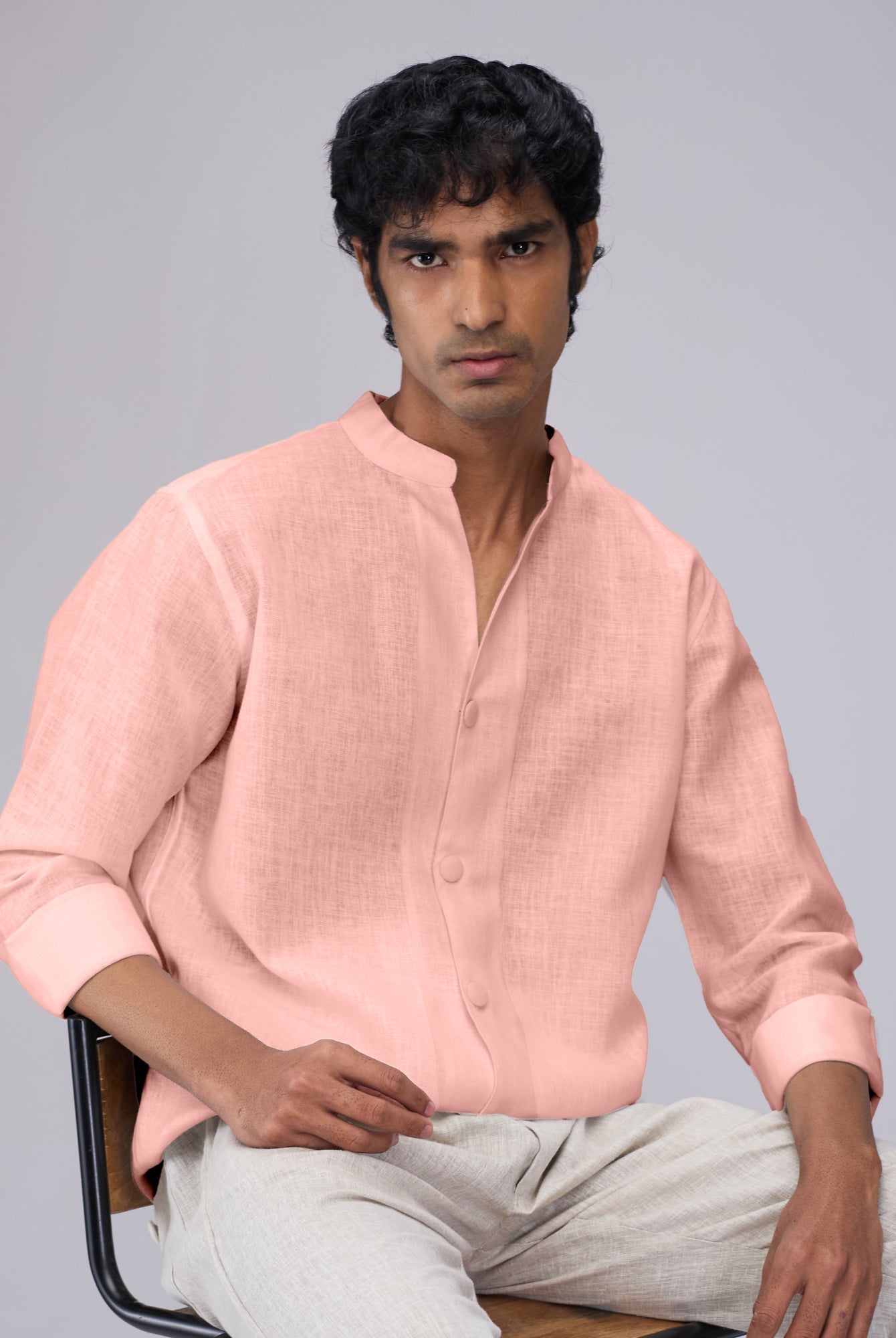Airavat Mandarin | Coral Peach 100% Linen Shirt - CiceroniMen Shirtsbhrāta