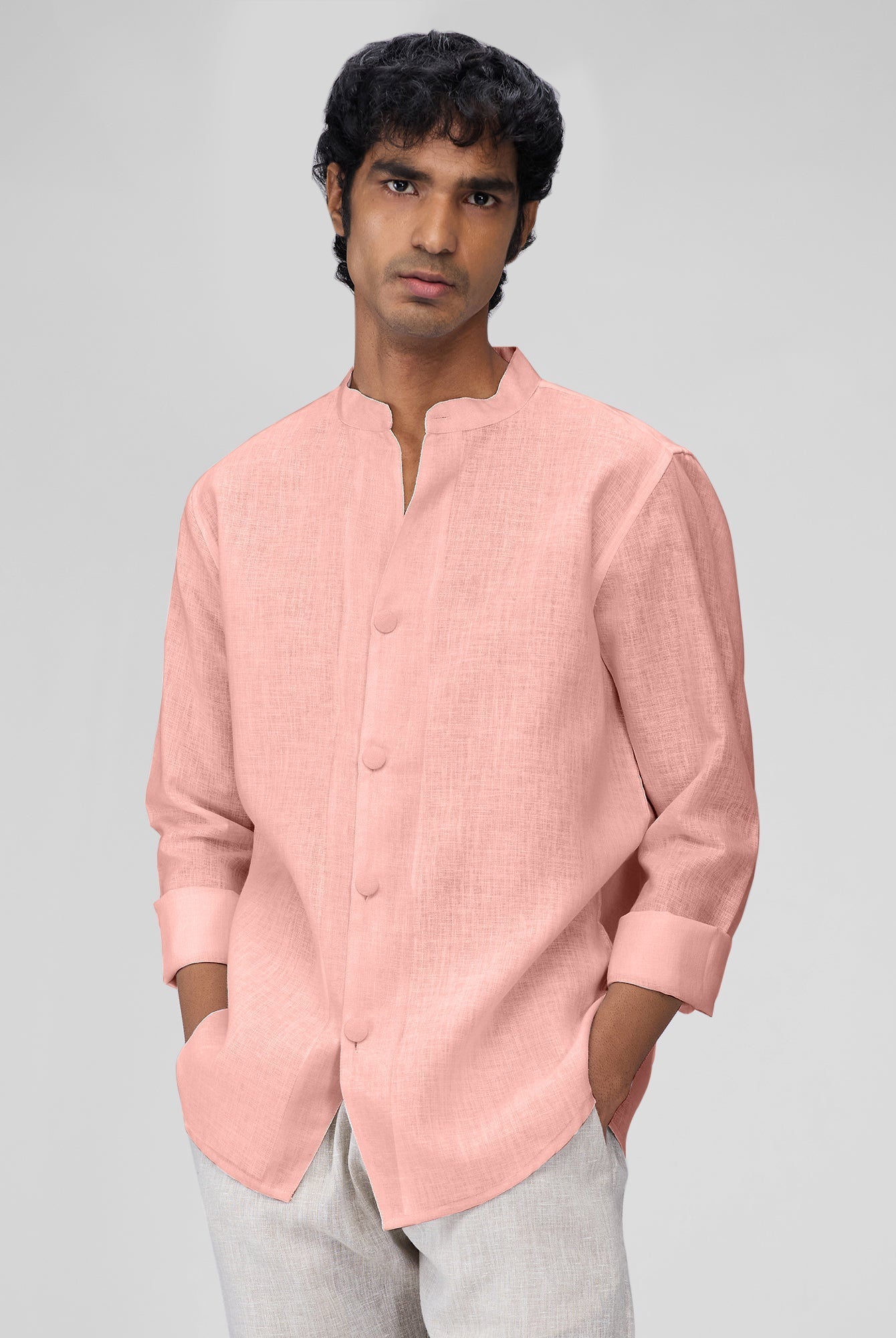 Airavat Mandarin | Coral Peach 100% Linen Shirt - CiceroniMen Shirtsbhrāta