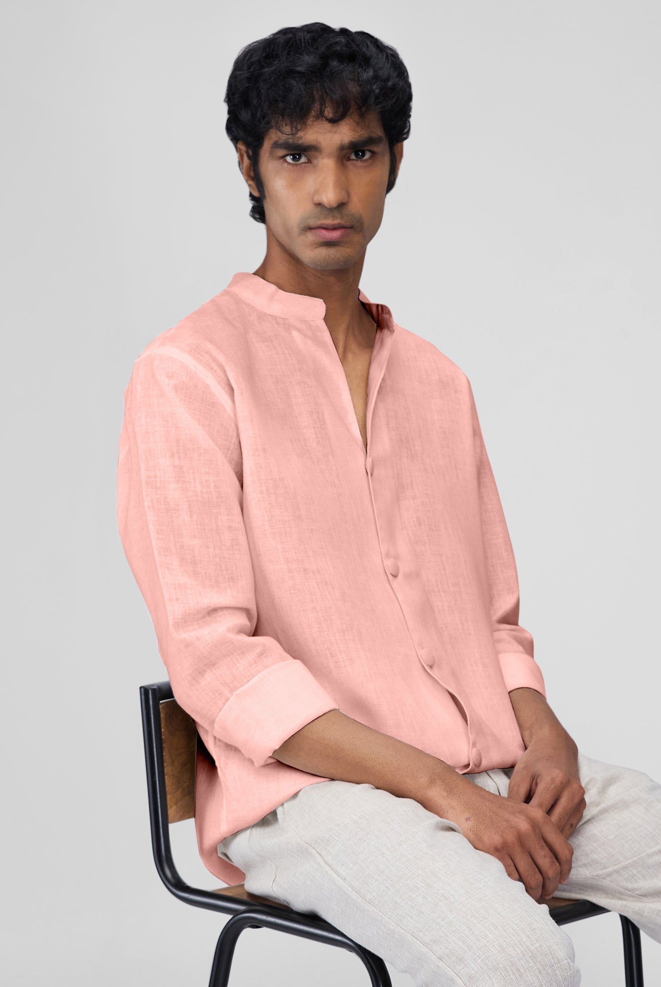 Airavat Mandarin | Coral Peach 100% Linen Shirt - CiceroniMen Shirtsbhrāta