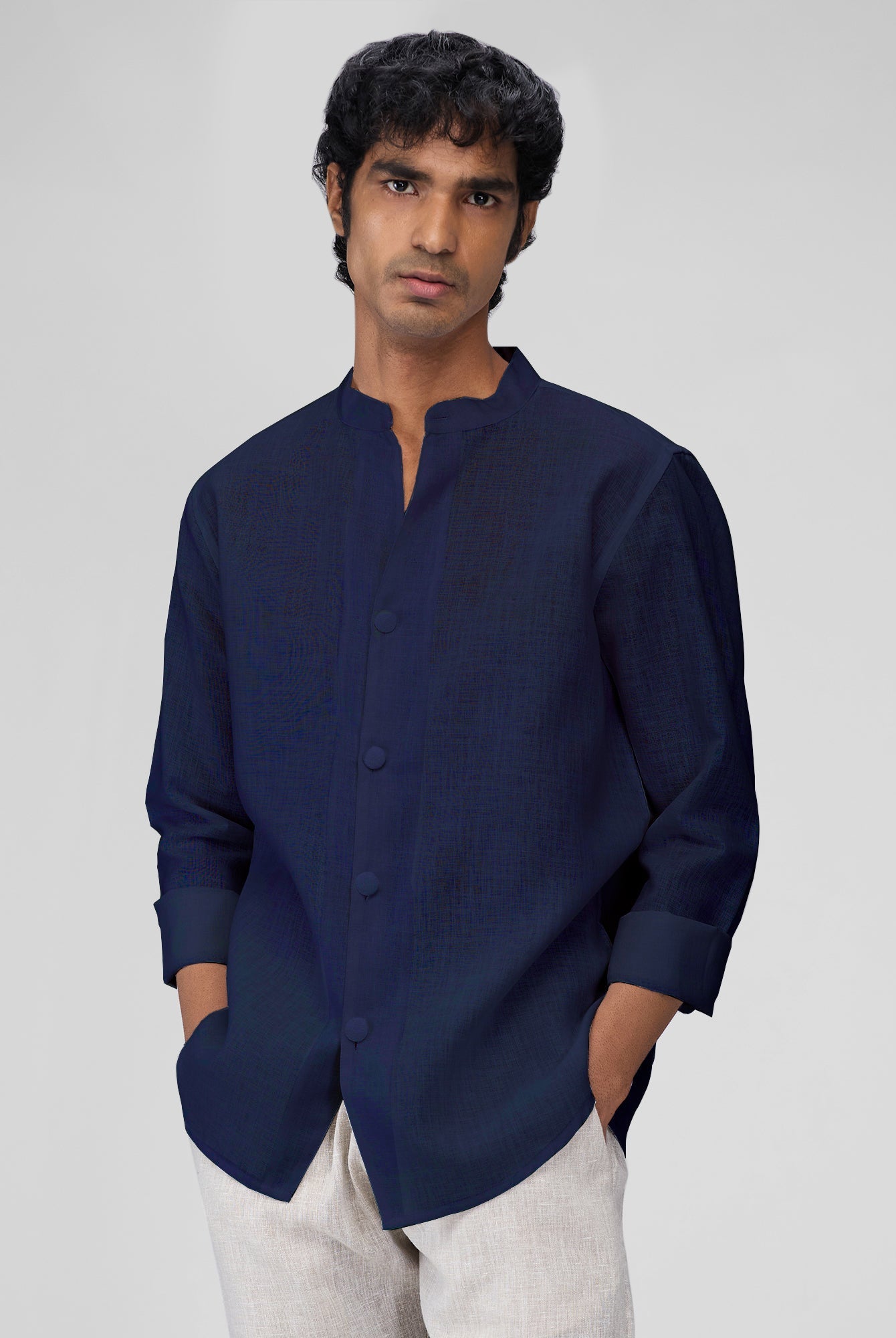 Airavat Mandarin | Navy 100% Linen Shirt - CiceroniMen Shirtsbhrāta