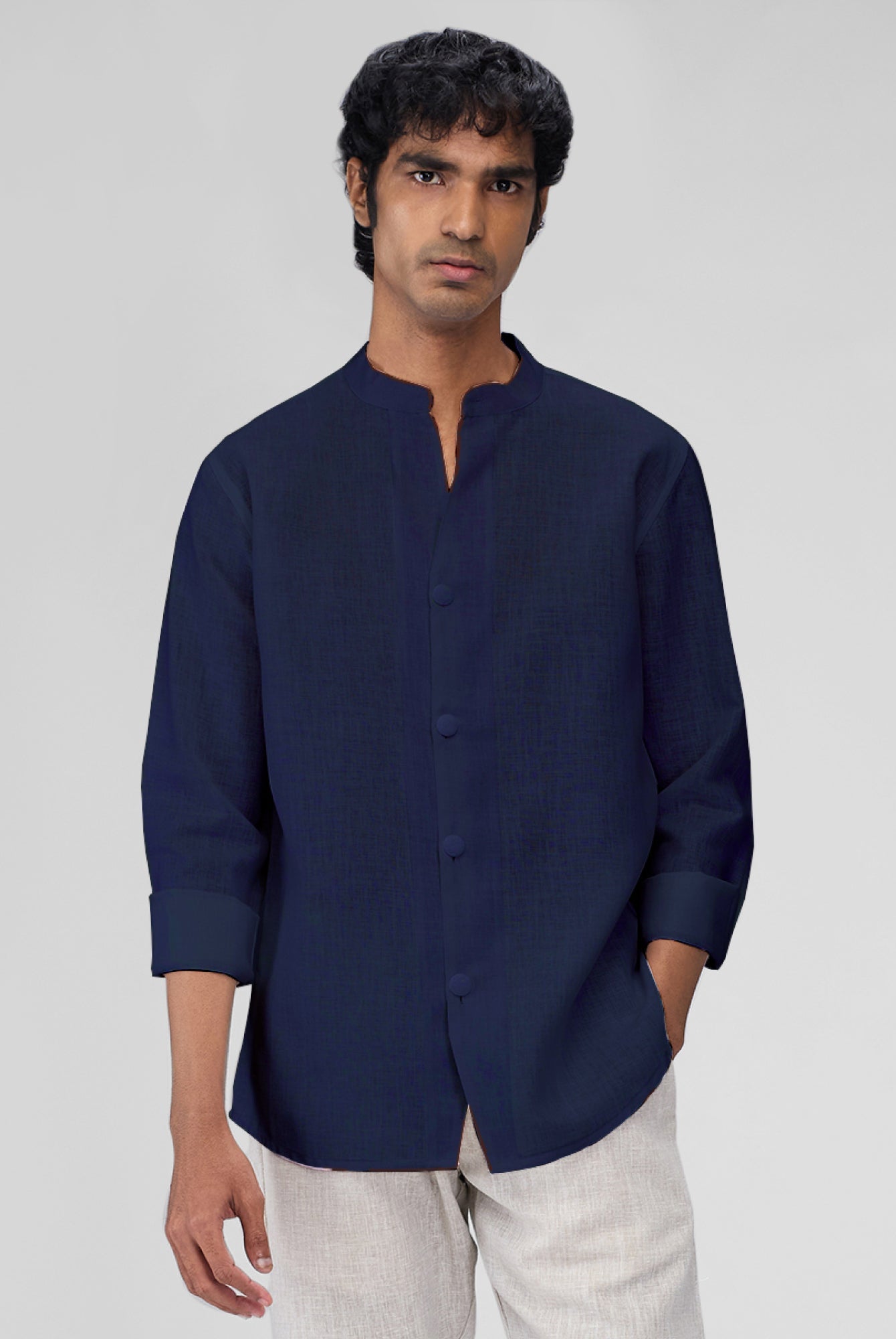 Airavat Mandarin | Navy 100% Linen Shirt - CiceroniMen Shirtsbhrāta
