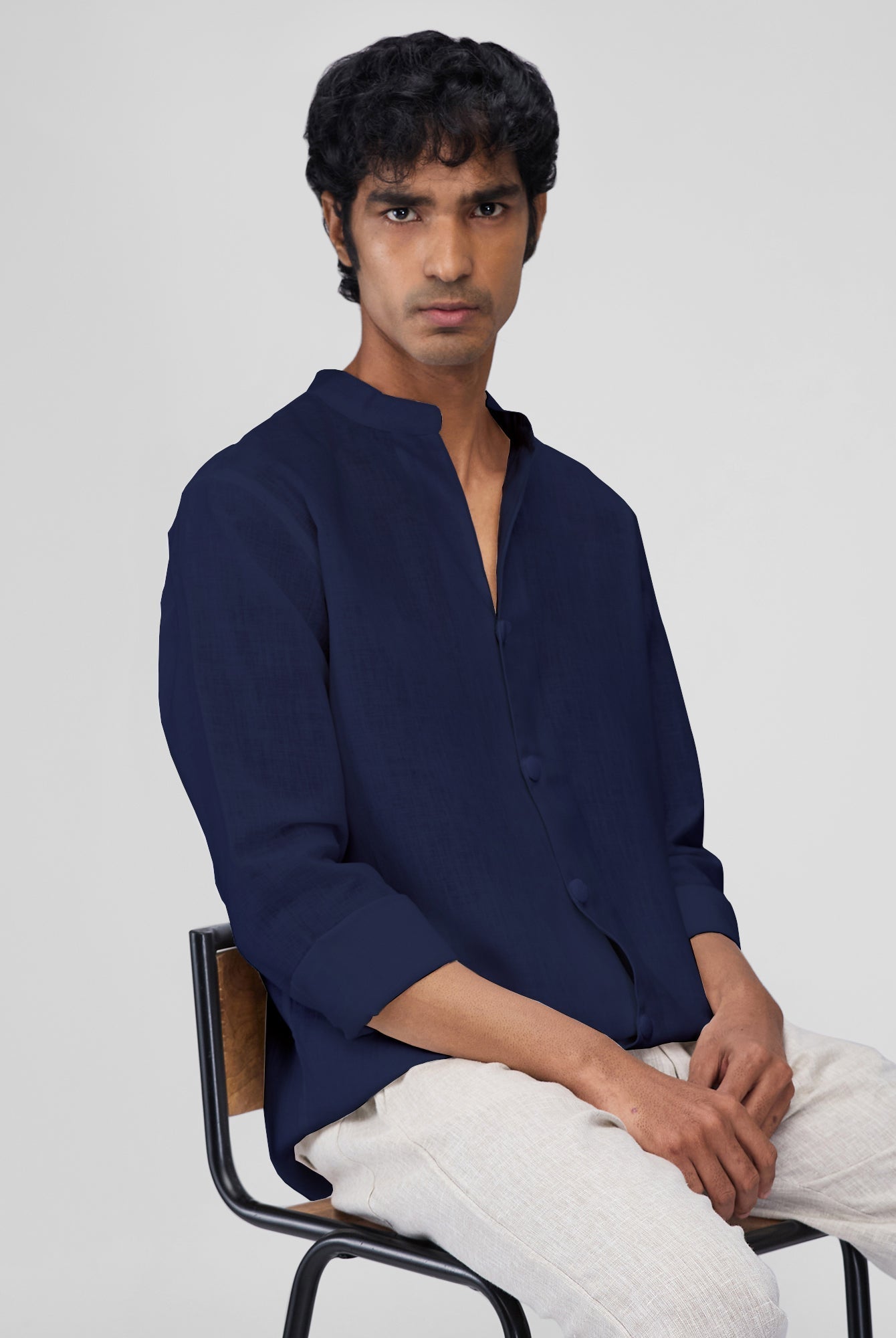 Airavat Mandarin | Navy 100% Linen Shirt - CiceroniMen Shirtsbhrāta