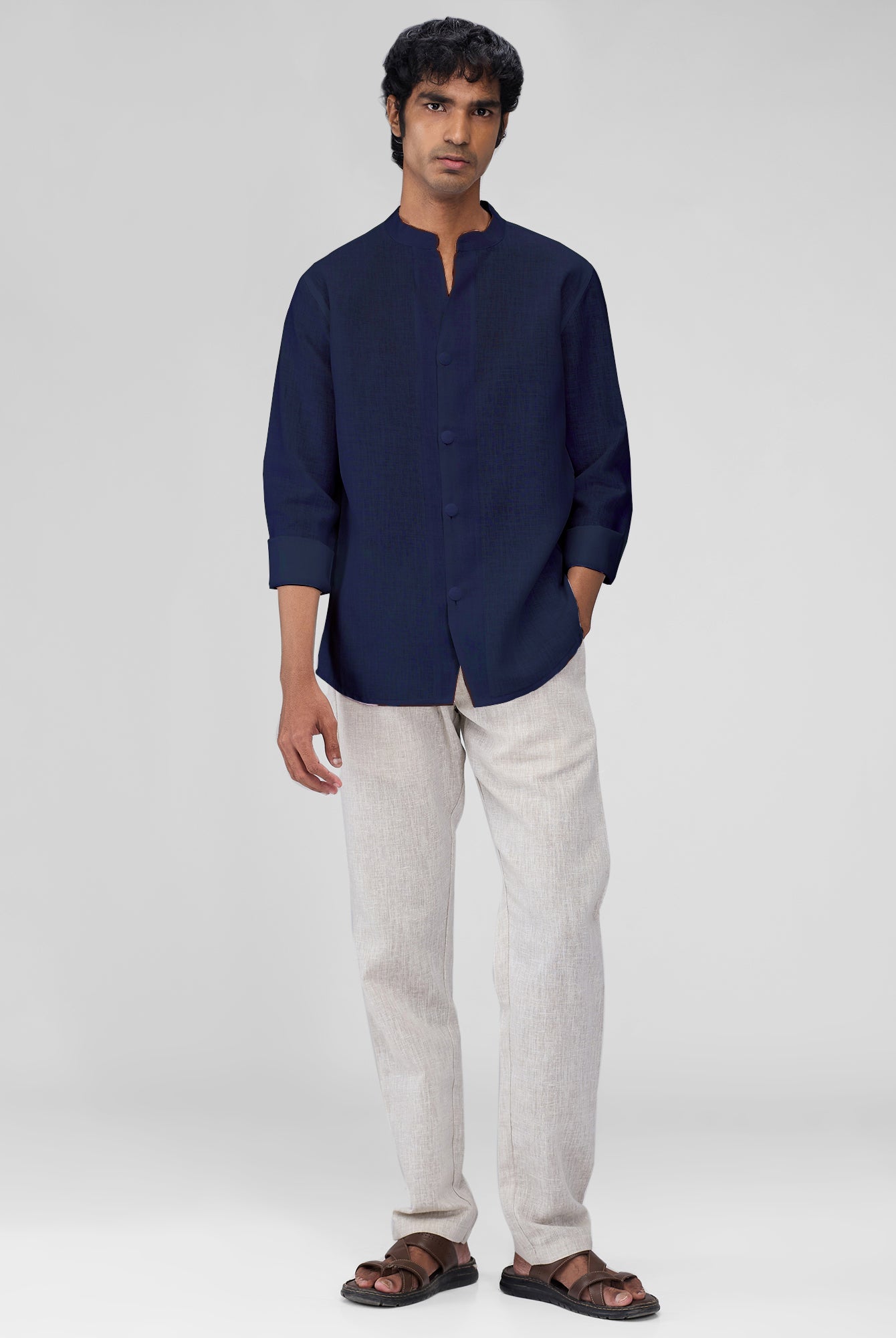 Airavat Mandarin | Navy 100% Linen Shirt - CiceroniMen Shirtsbhrāta