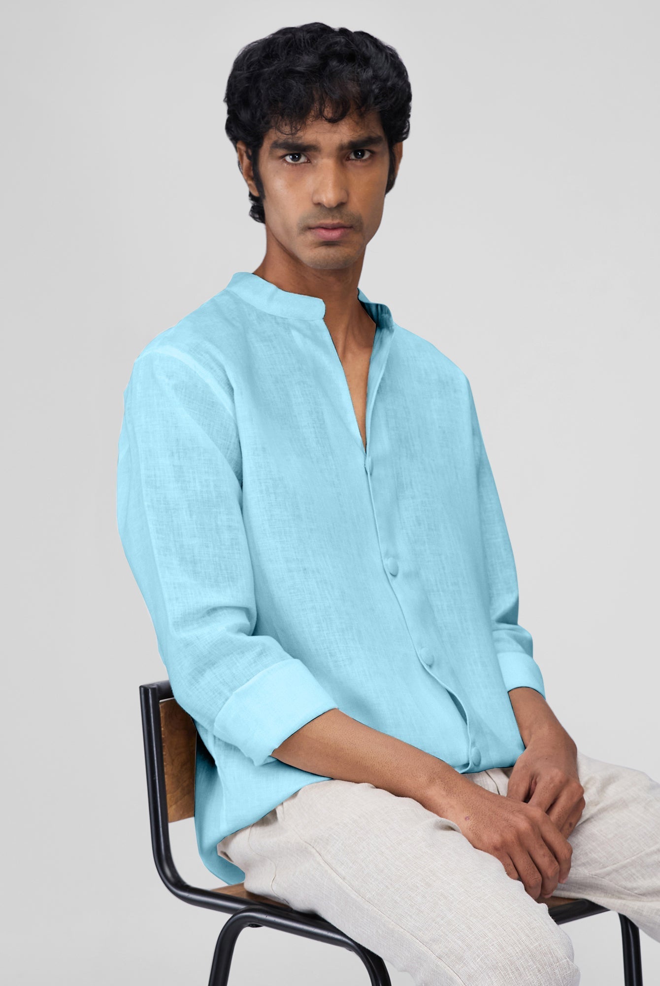 Airavat Mandarin | Sky Blue 100% Linen Shirt - CiceroniMen Shirtsbhrāta