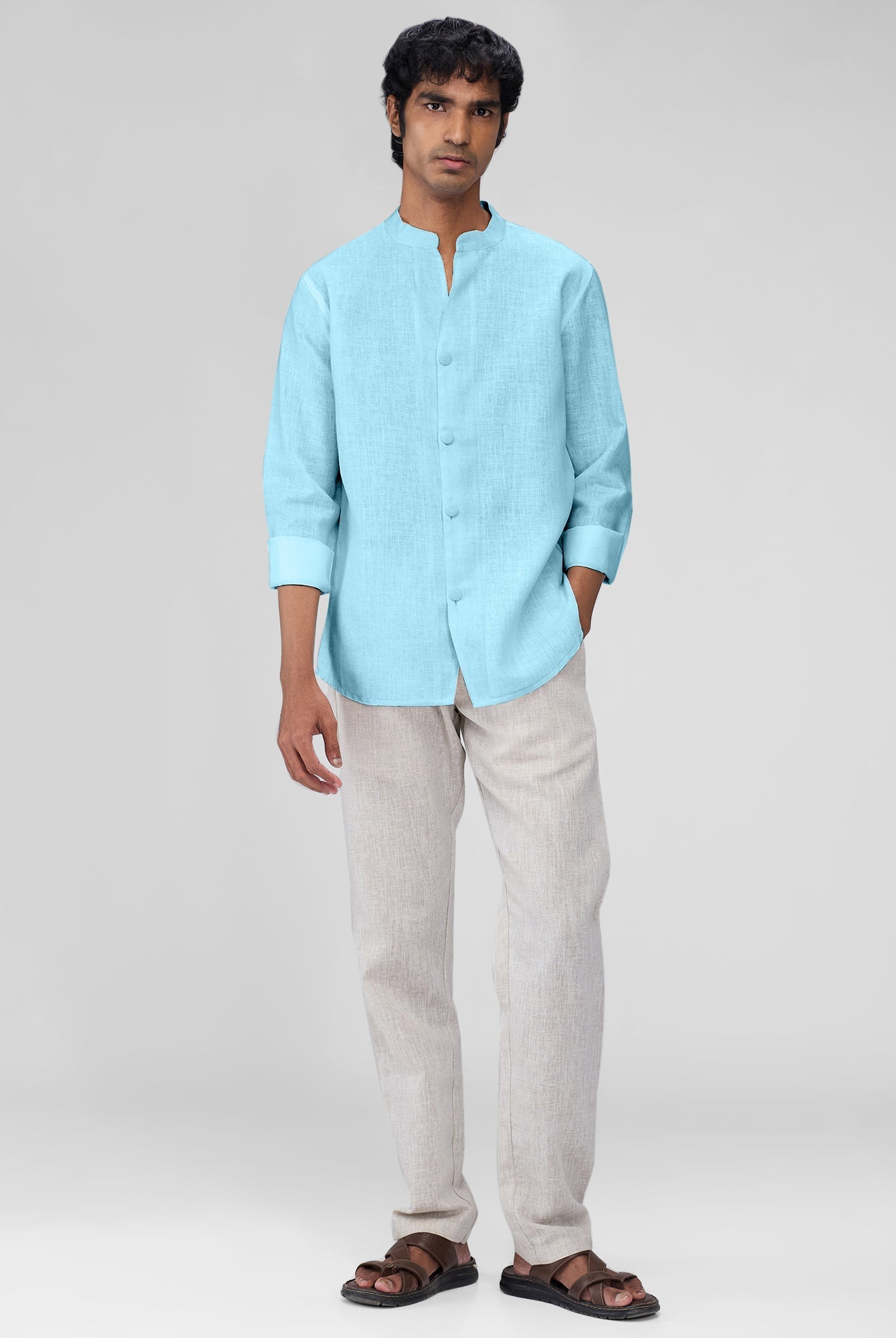 Airavat Mandarin | Sky Blue 100% Linen Shirt - CiceroniMen Shirtsbhrāta