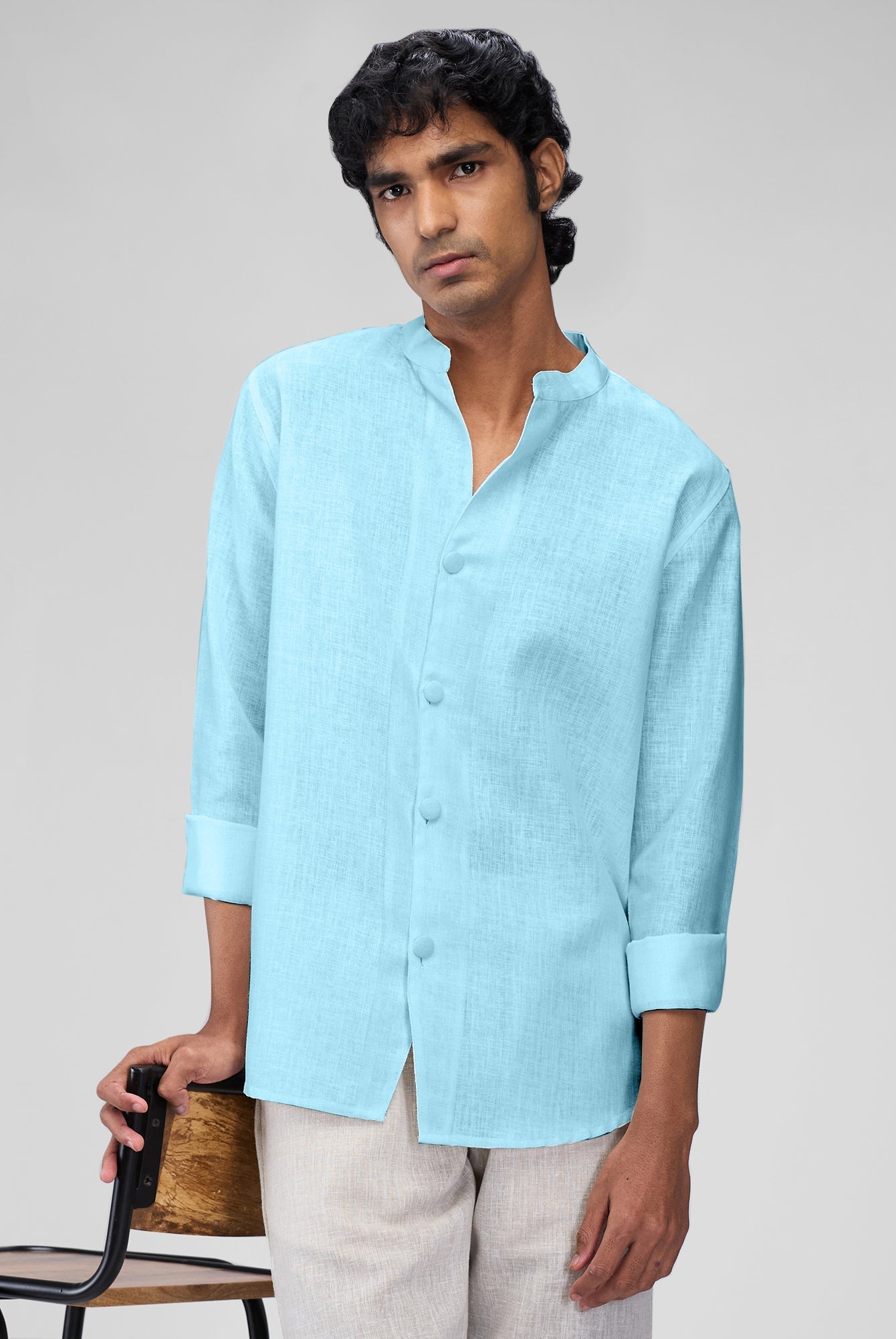 Airavat Mandarin | Sky Blue 100% Linen Shirt - CiceroniMen Shirtsbhrāta