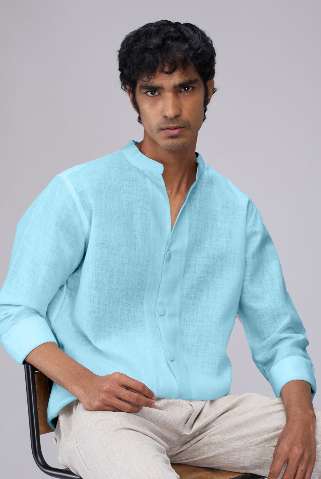 Airavat Mandarin | Sky Blue 100% Linen Shirt - CiceroniMen Shirtsbhrāta