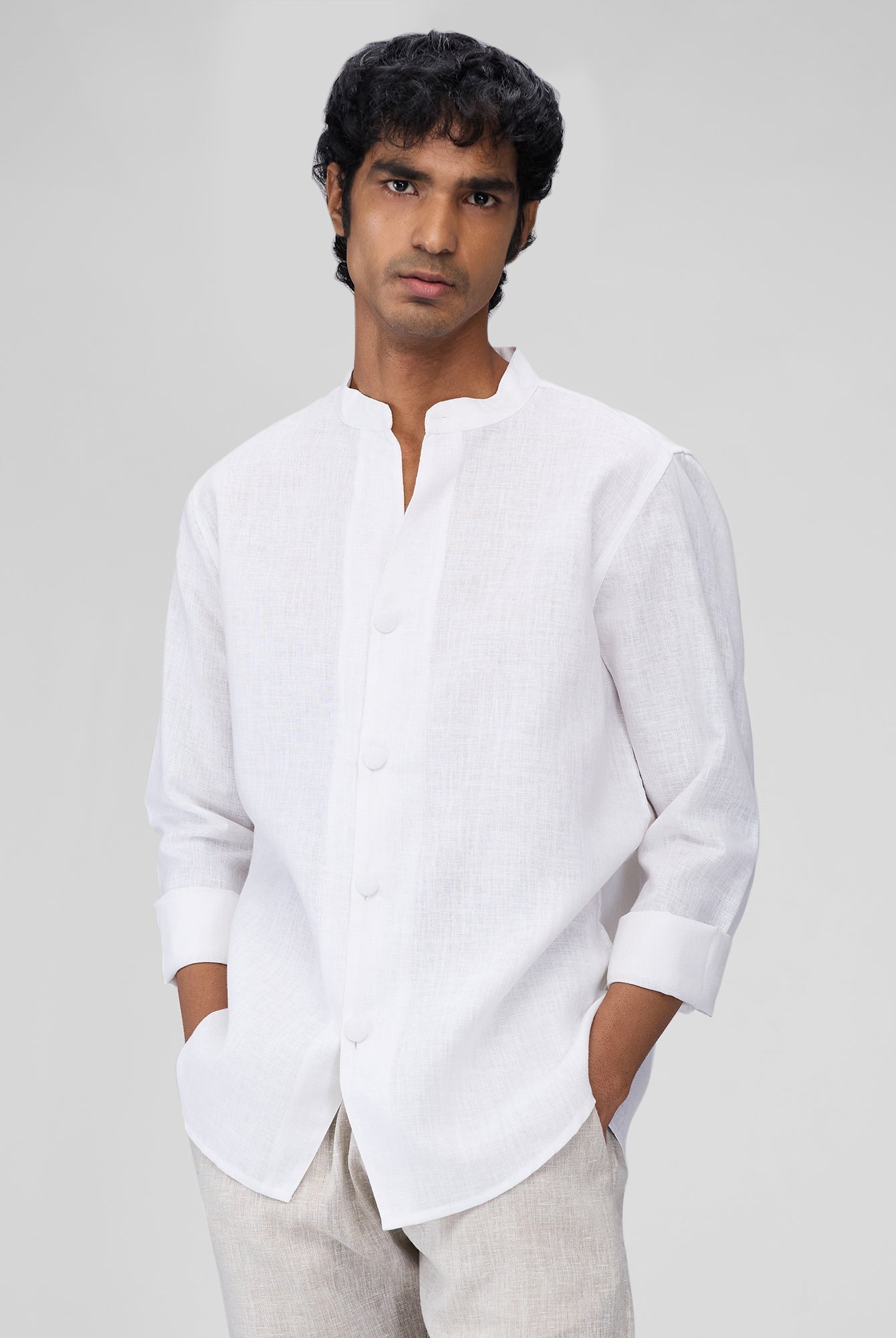 Airavat Mandarin | White 100% Linen Shirt - CiceroniMen Shirtsbhrāta