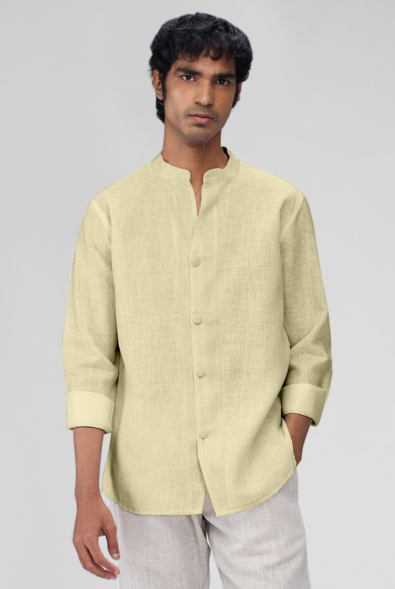 Airavat Mandarin | Yellow 100% Linen Shirt - CiceroniMen Shirtsbhrāta