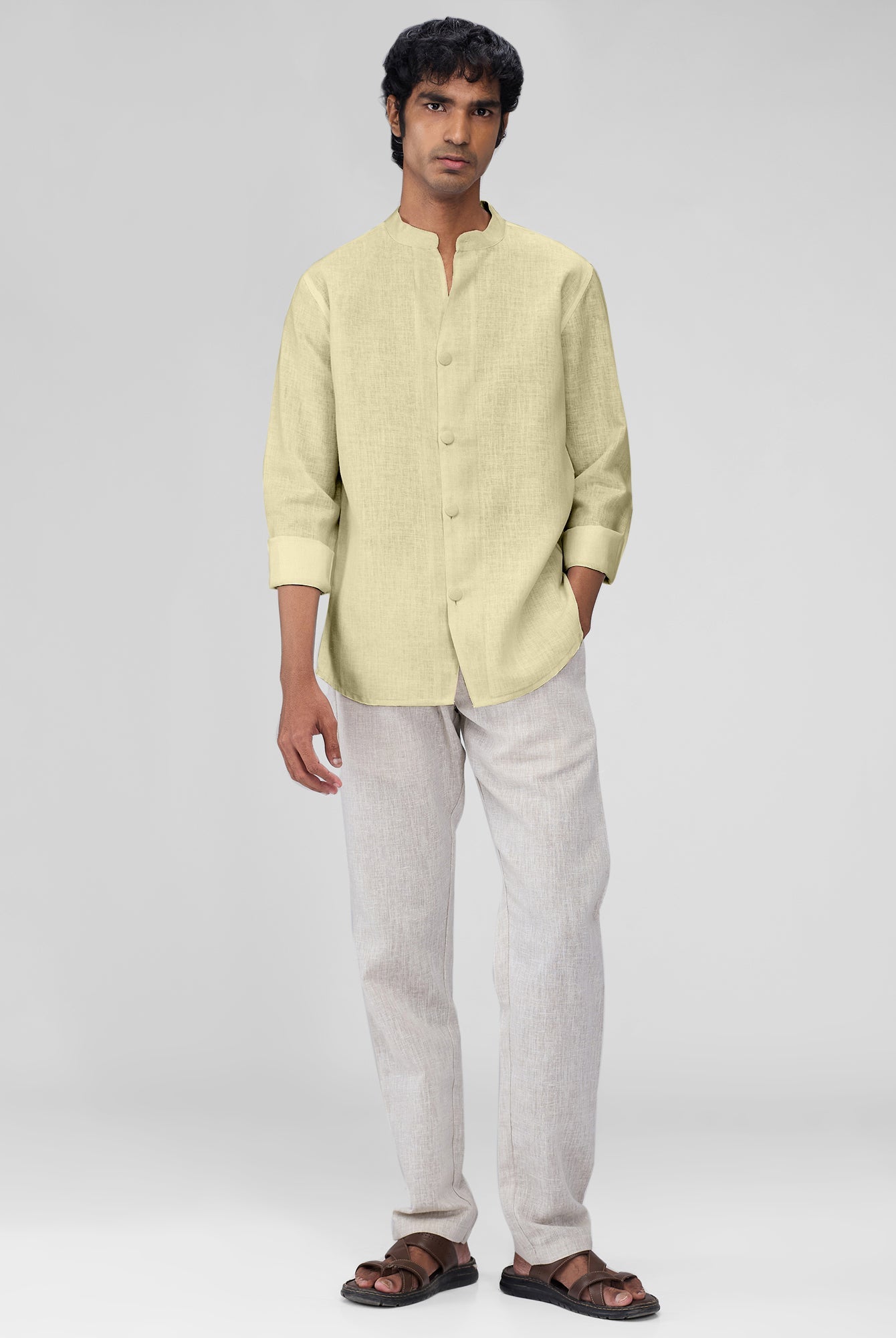 Airavat Mandarin | Yellow 100% Linen Shirt - CiceroniMen Shirtsbhrāta
