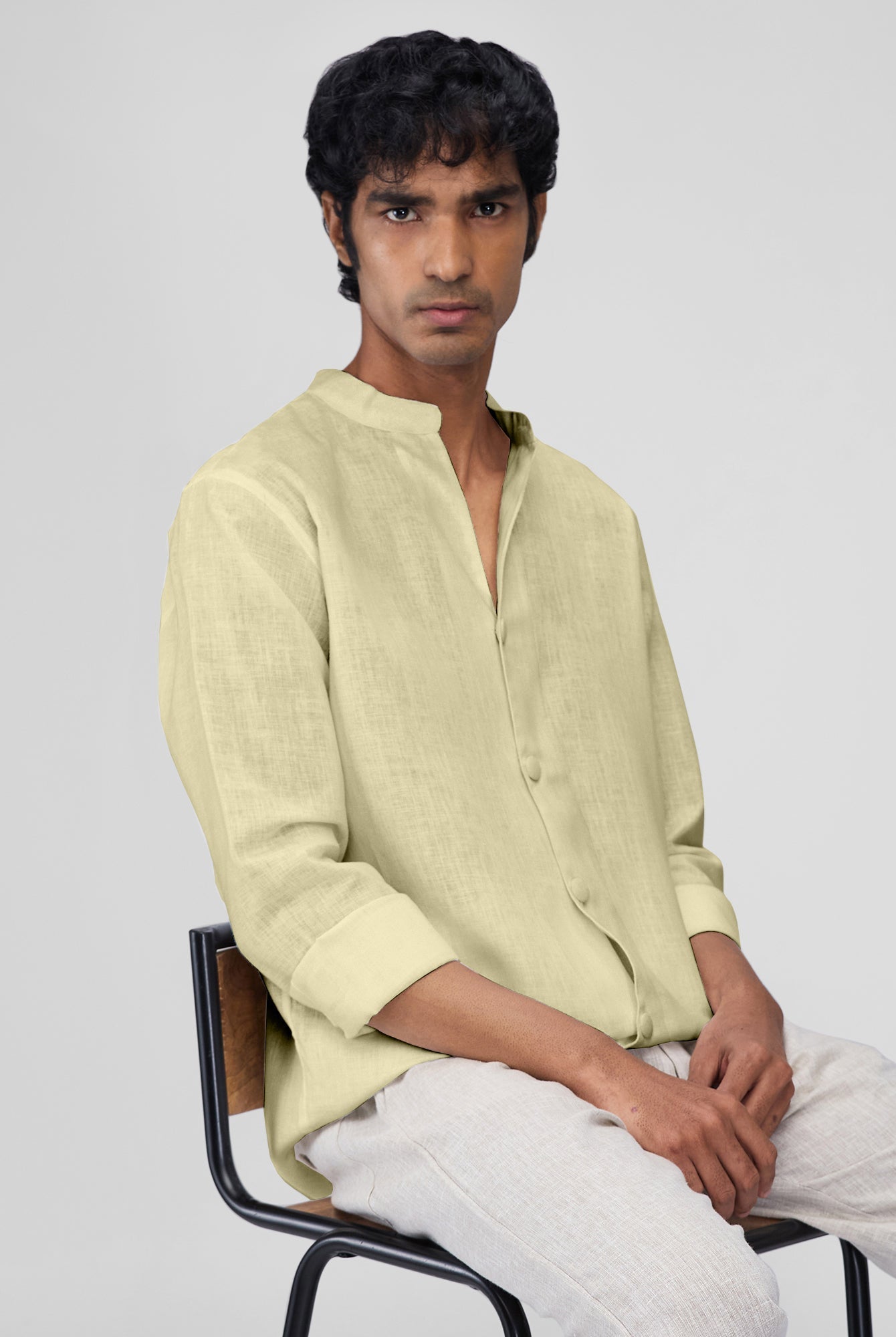 Airavat Mandarin | Yellow 100% Linen Shirt - CiceroniMen Shirtsbhrāta