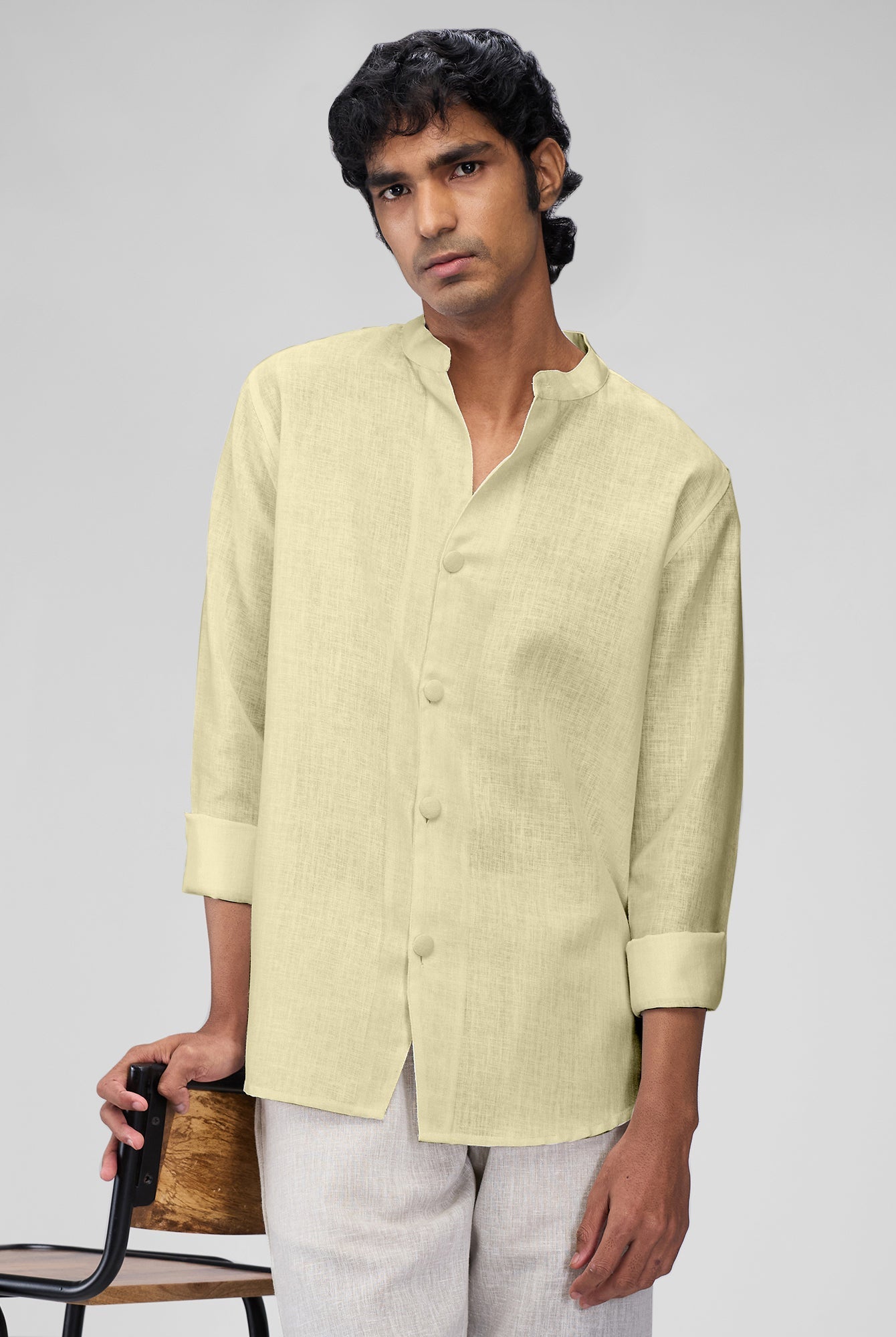 Airavat Mandarin | Yellow 100% Linen Shirt - CiceroniMen Shirtsbhrāta