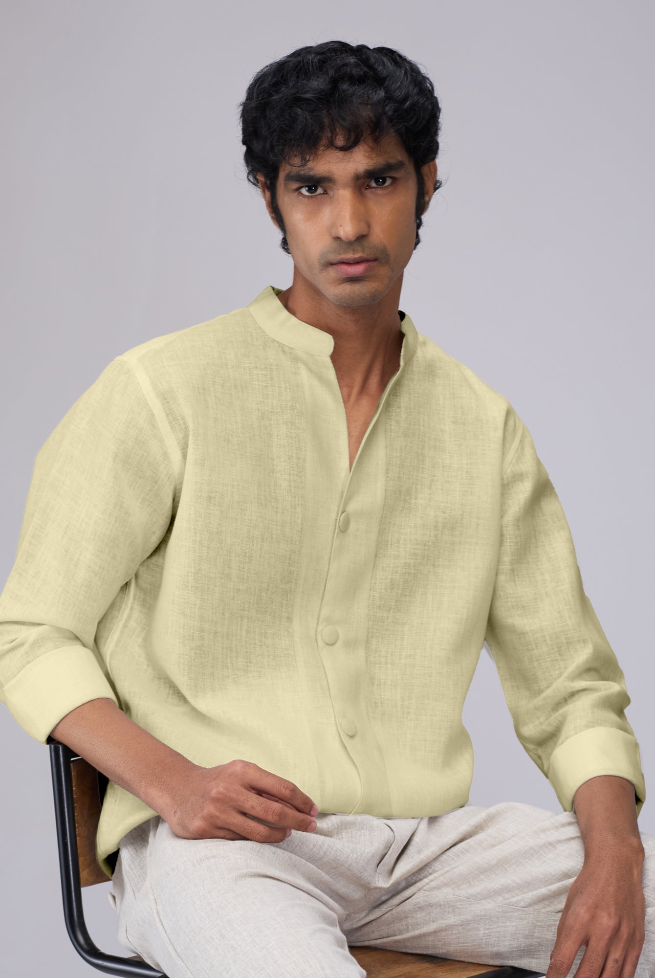 Airavat Mandarin | Yellow 100% Linen Shirt - CiceroniMen Shirtsbhrāta