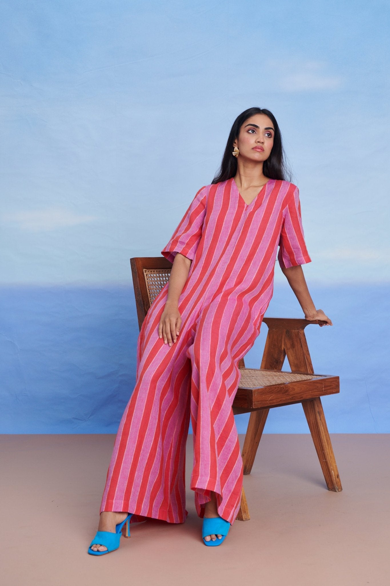 Amalfi Linen Half Sleeves Flared Jumpsuit - CiceroniJumpsuitSaphed