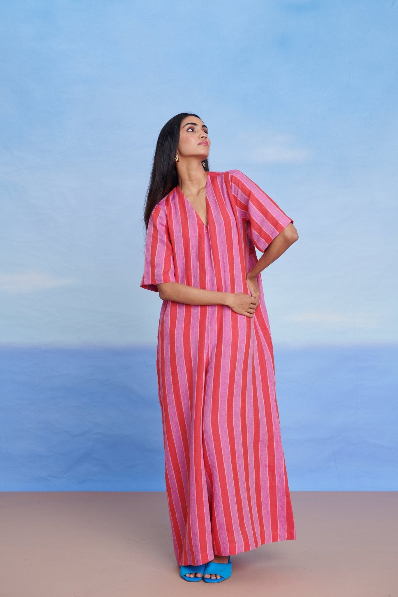Amalfi Linen Half Sleeves Flared Jumpsuit - CiceroniJumpsuitSaphed