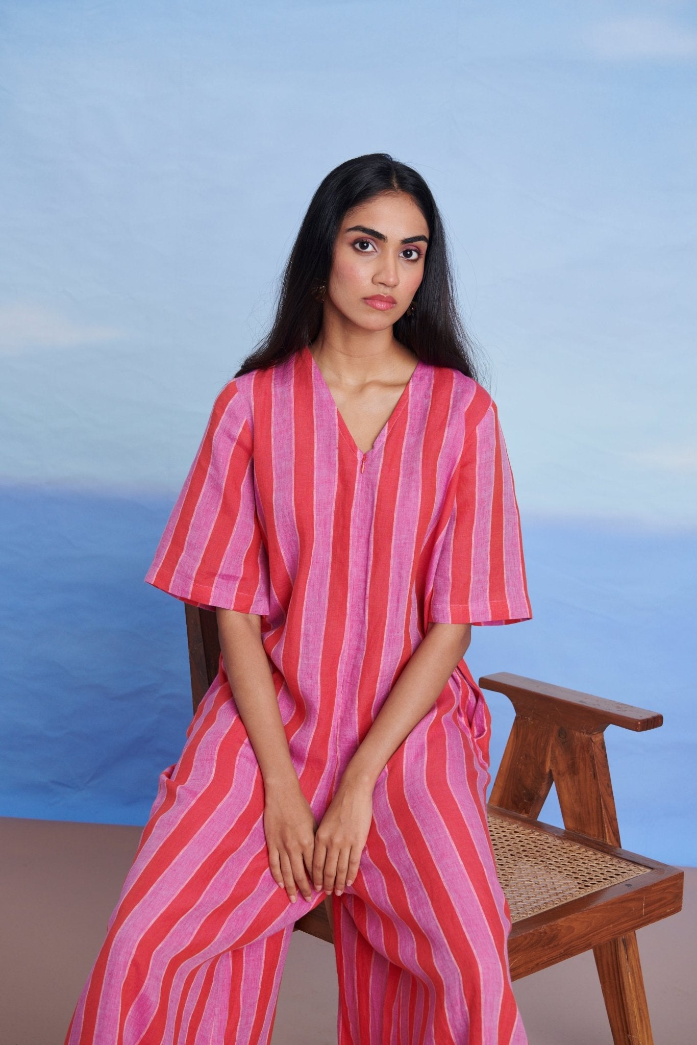 Amalfi Linen Half Sleeves Flared Jumpsuit - CiceroniJumpsuitSaphed