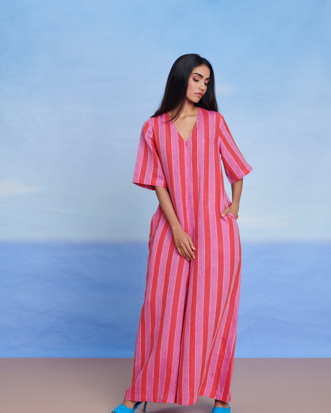 Amalfi Linen Half Sleeves Flared Jumpsuit - CiceroniJumpsuitSaphed