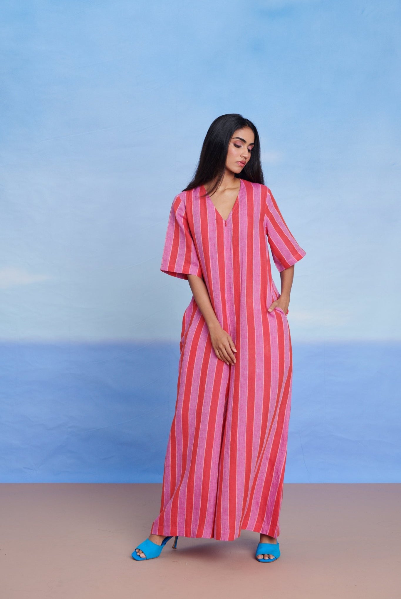 Amalfi Linen Half Sleeves Flared Jumpsuit - CiceroniJumpsuitSaphed