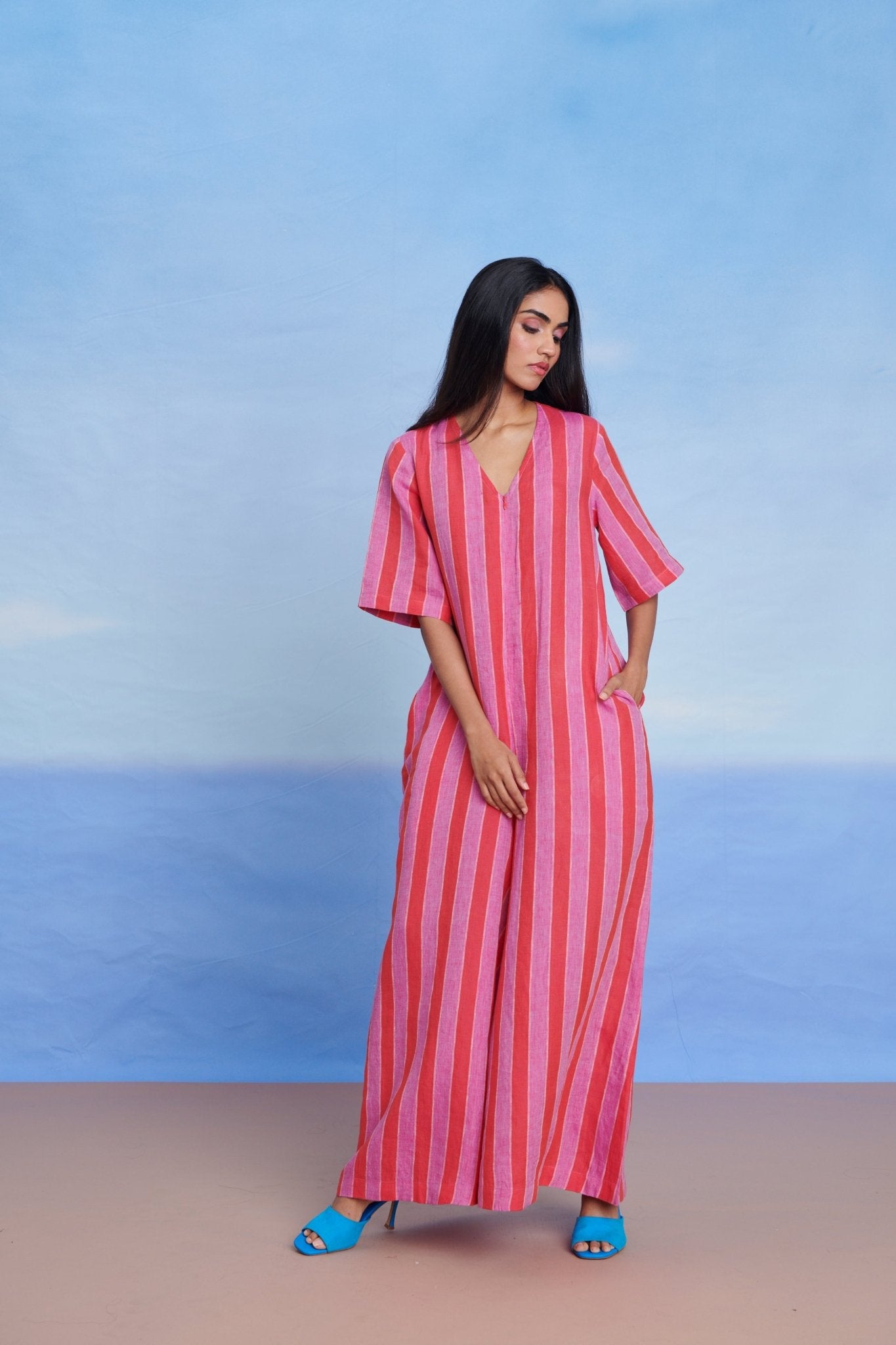 Amalfi Linen Half Sleeves Flared Jumpsuit - CiceroniJumpsuitSaphed