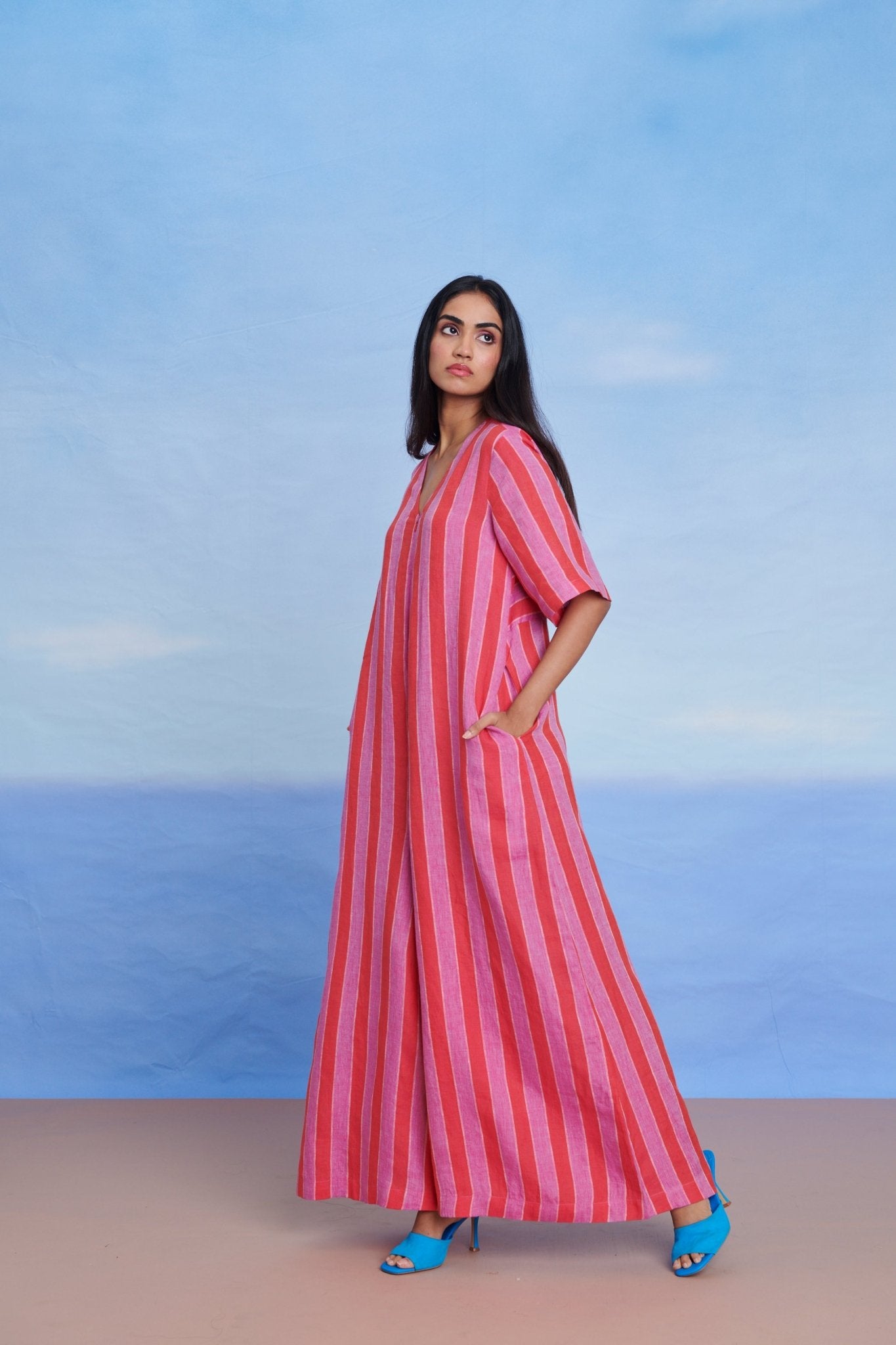 Amalfi Linen Half Sleeves Flared Jumpsuit - CiceroniJumpsuitSaphed