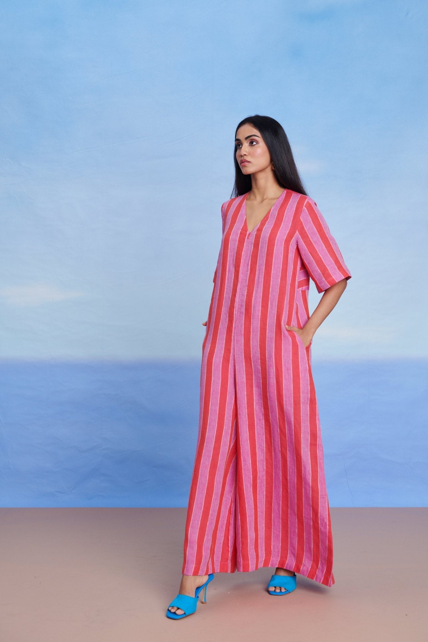 Amalfi Linen Half Sleeves Flared Jumpsuit - CiceroniJumpsuitSaphed