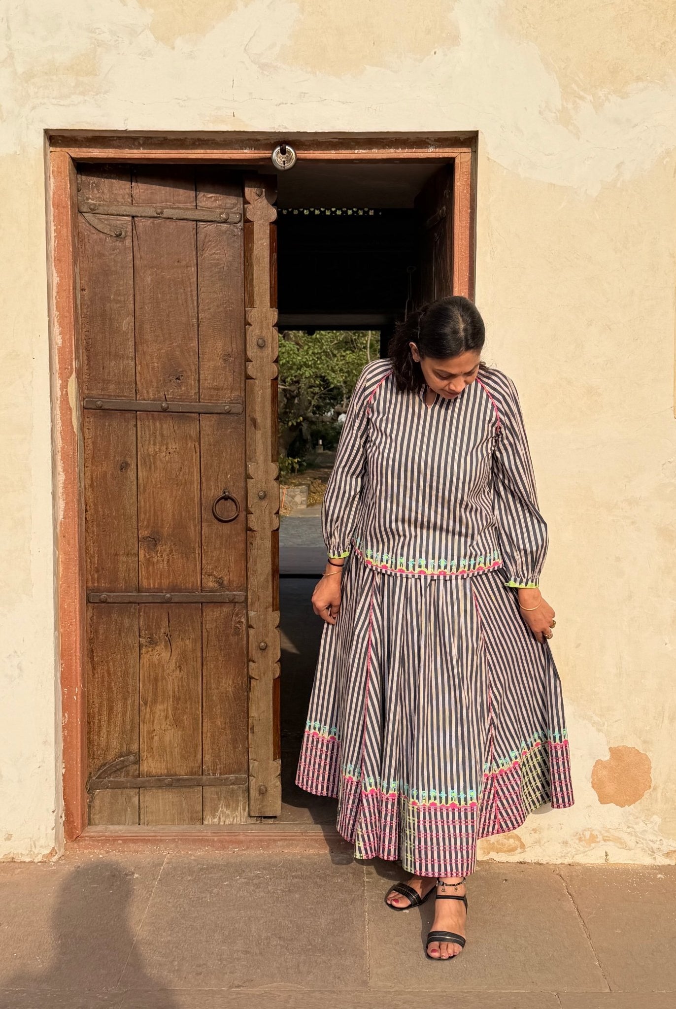 Anaaro - charcoal Khara panelled skirt in hand block print striped cotton with neon hand block print border - CiceroniSkirtAnaaro