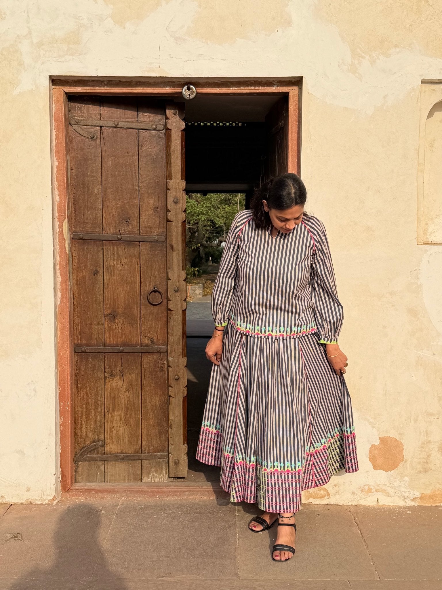 Anaaro - charcoal Khara panelled skirt in hand block print striped cotton with neon hand block print border - CiceroniSkirtAnaaro