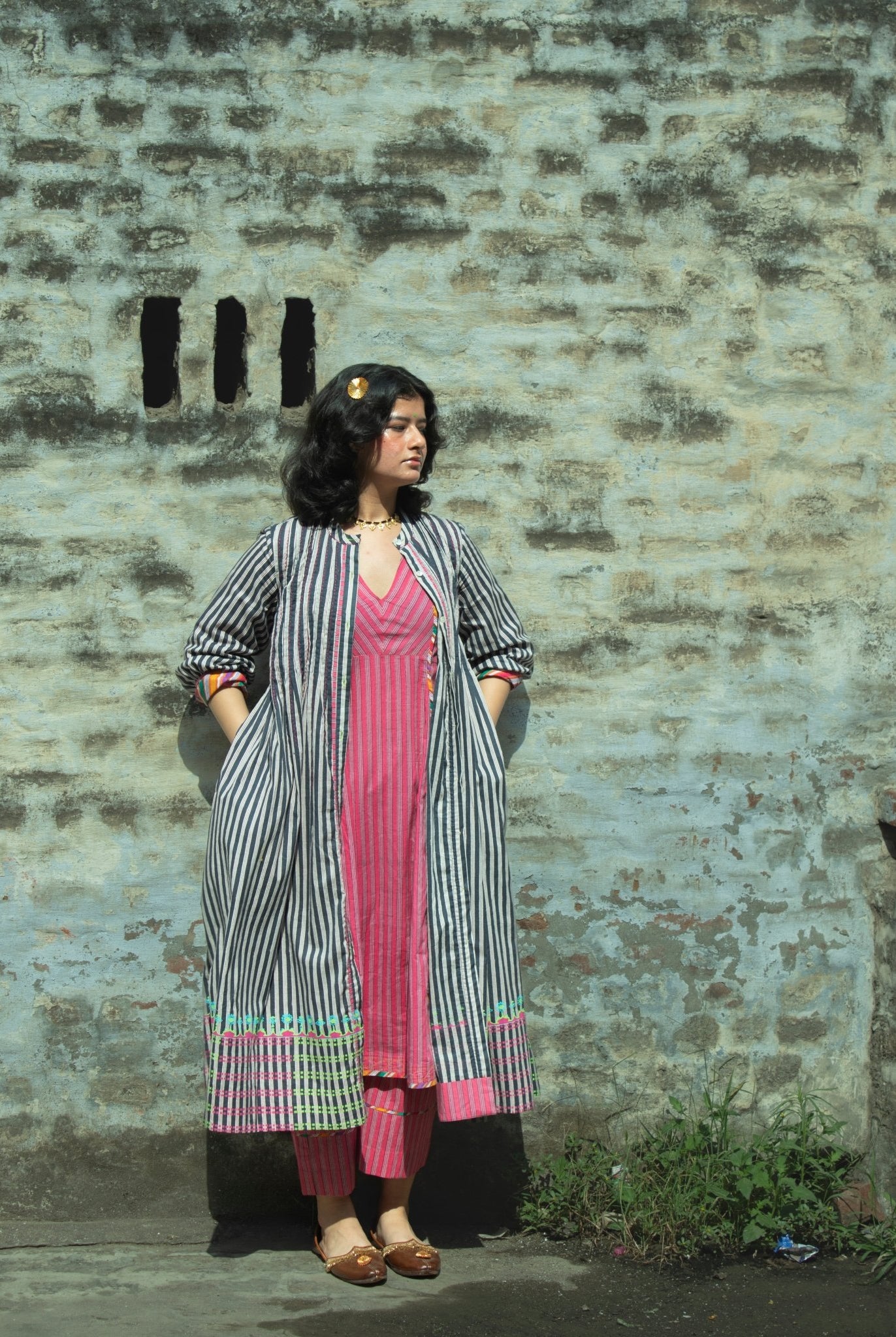 Anaaro - charcoal Manori dress in 100% cotton, hand block printed stripes - CiceroniDressAnaaro