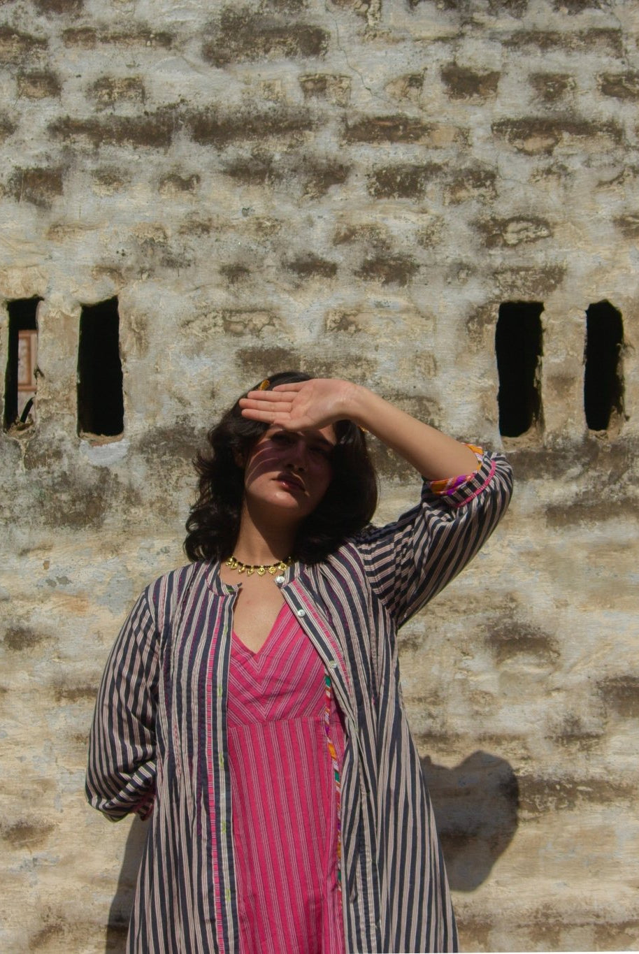 Anaaro - charcoal Manori dress in 100% cotton, hand block printed stripes - CiceroniDressAnaaro