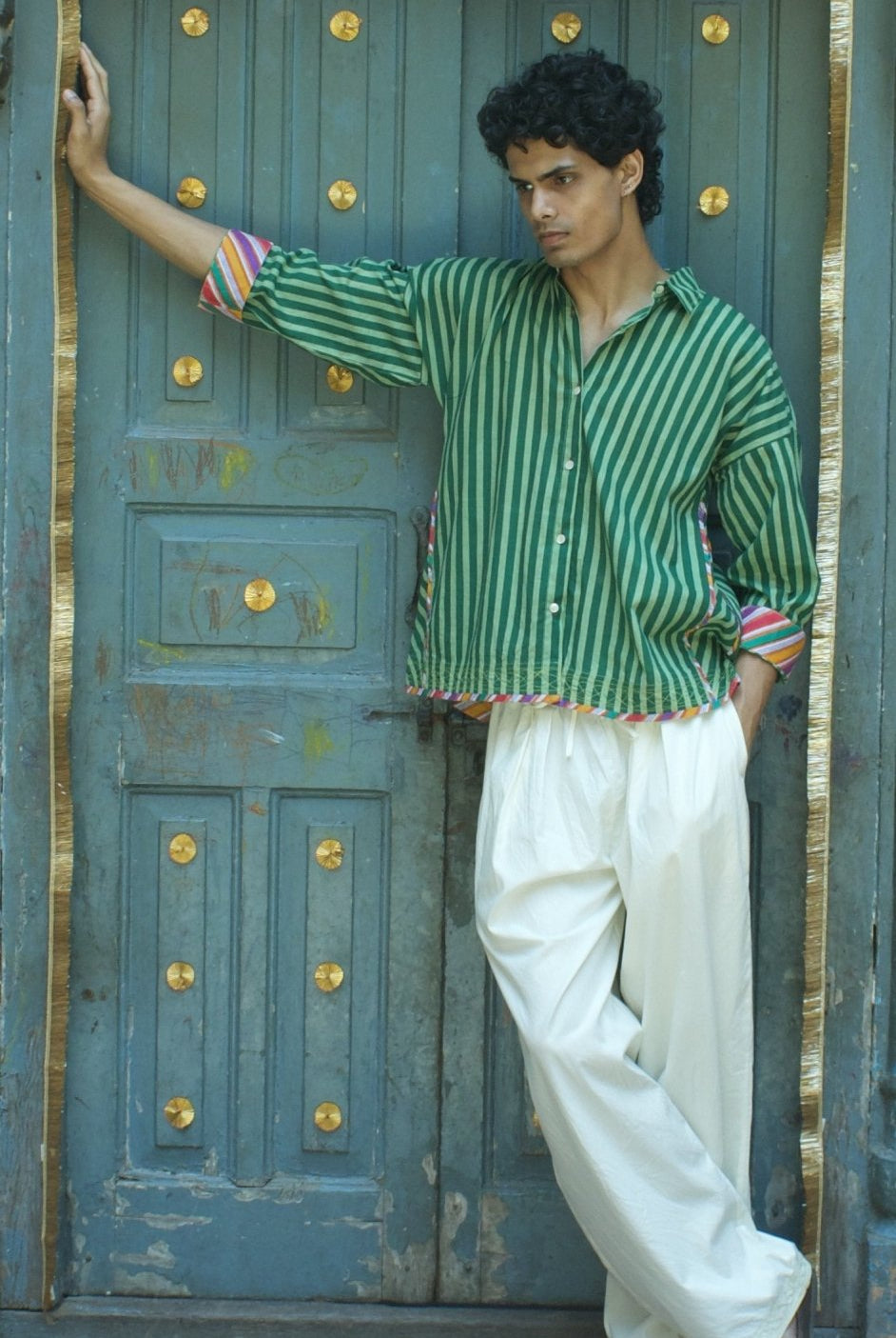 Anaaro - dill green Khamis shirt in 100% cotton block printed flared shirt - CiceroniUnisex ShirtsAnaaro