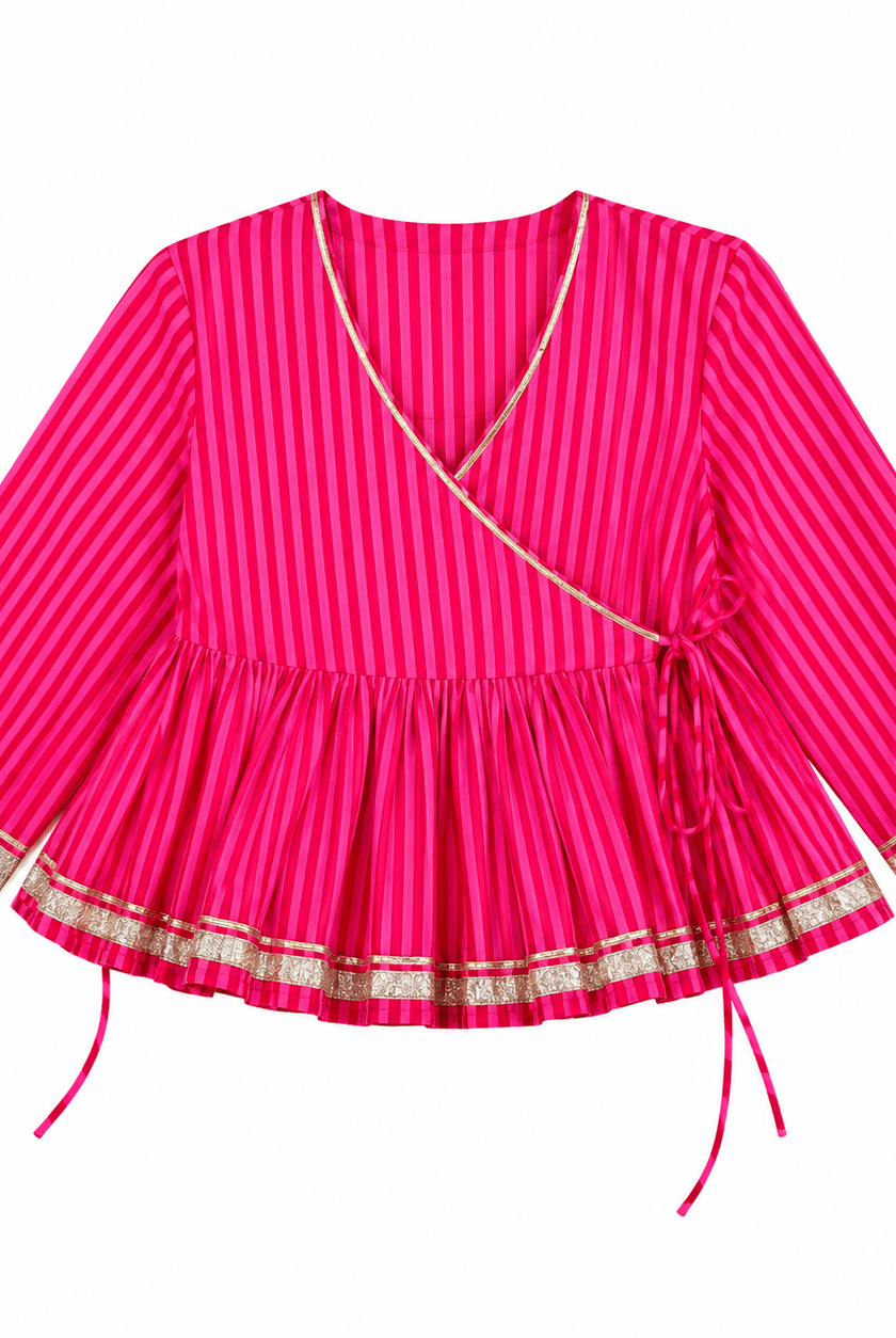 Anaaro - fuschia pink 100% cotton striped gathered peplum top - CiceroniTopsAnaaro