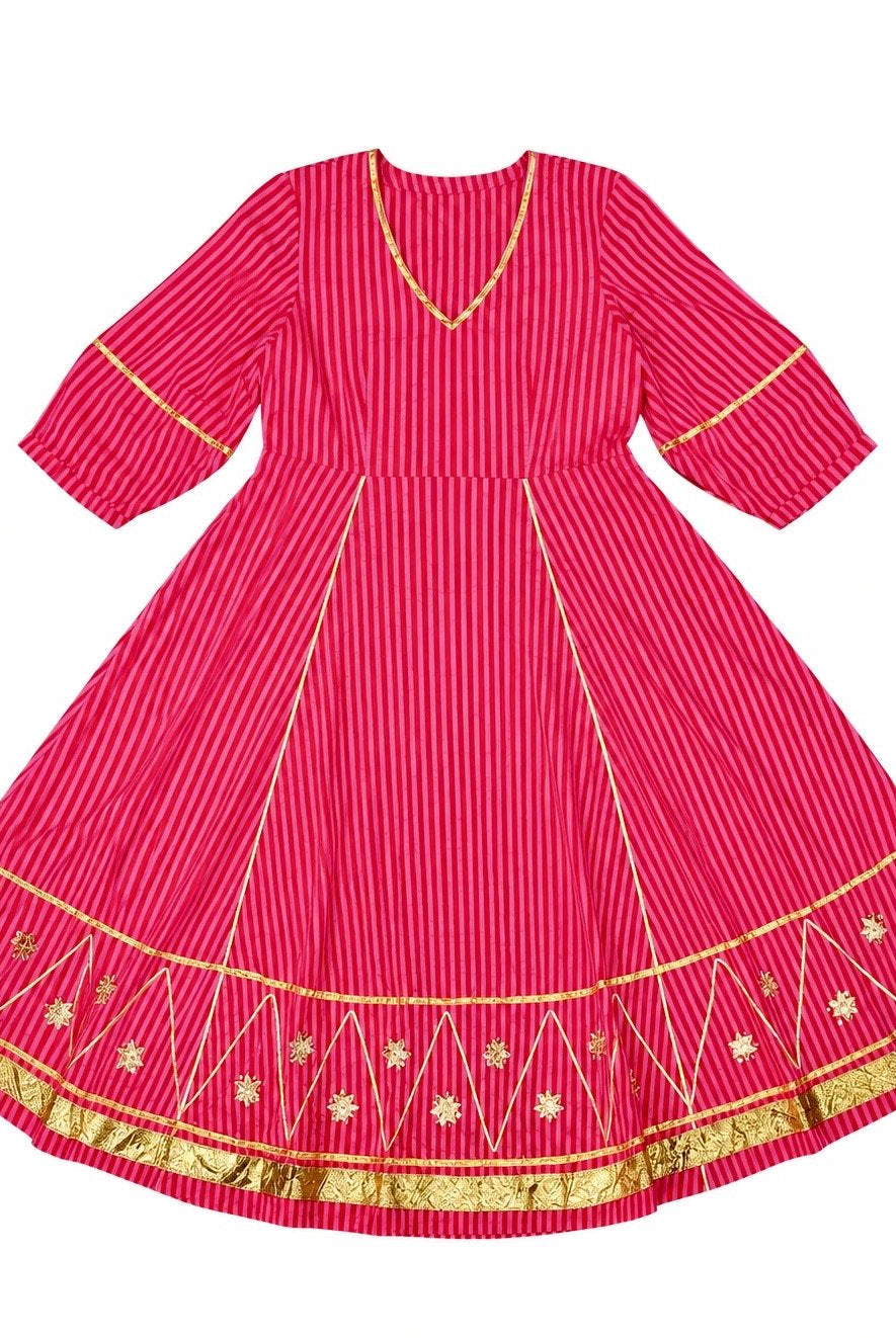 Anaaro - fuschia pink Bagdi dress in 100% striped cotton with hand embroidered gota flowers and sequins. - CiceroniDressAnaaro