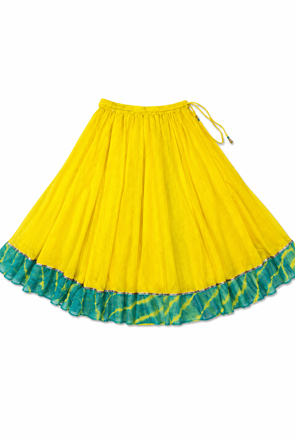 Anaaro - lime yellow Khara panelled skirt in solid cotton kota doria with tie and dye leheriya border - CiceroniSkirtAnaaro
