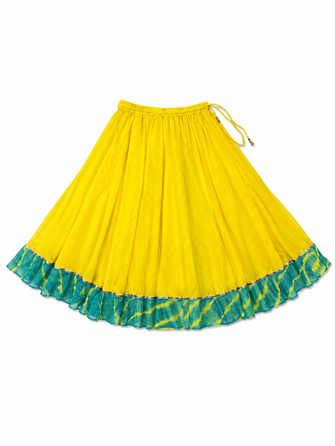 Anaaro - lime yellow Khara panelled skirt in solid cotton kota doria with tie and dye leheriya border - CiceroniSkirtAnaaro