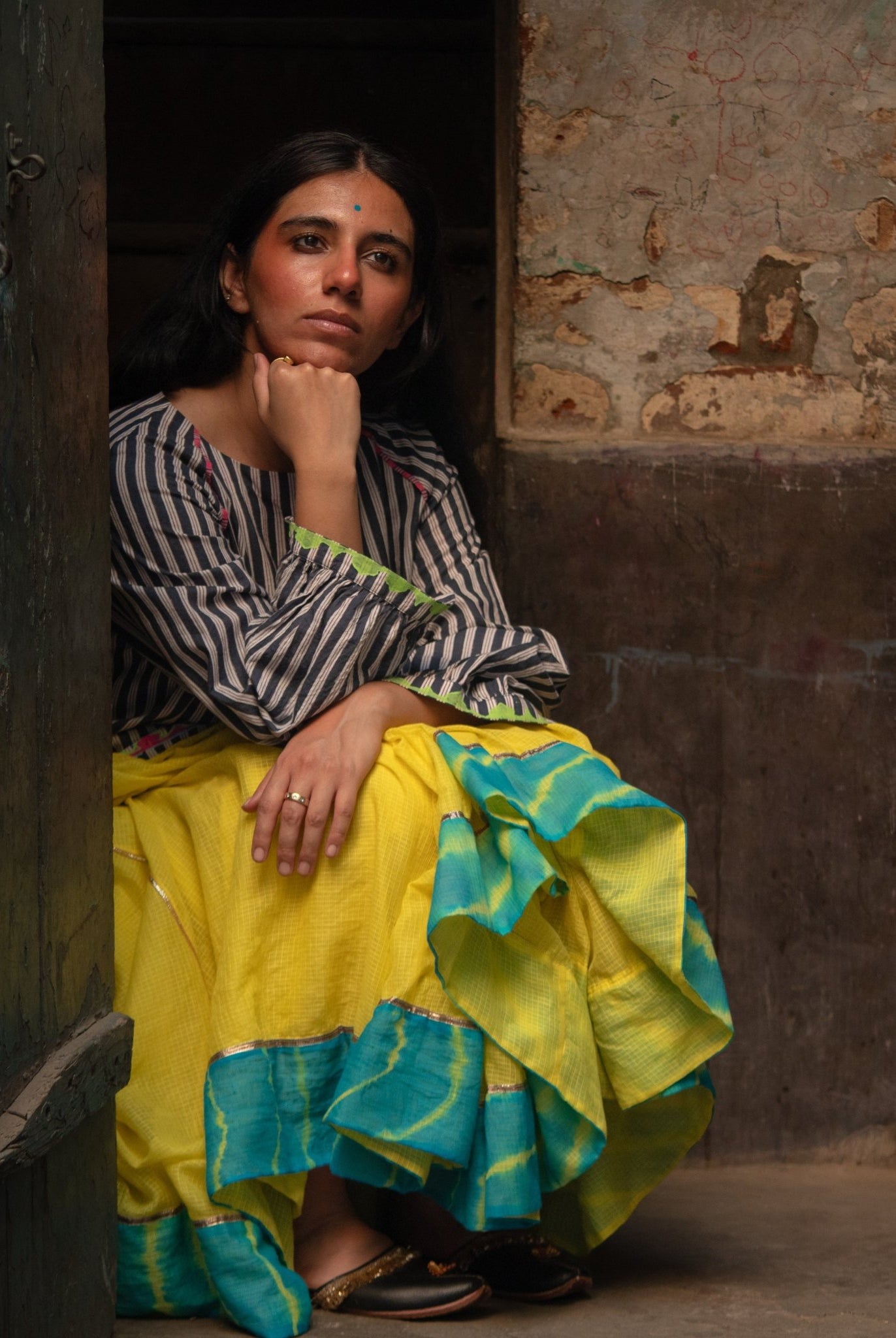 Anaaro - lime yellow Khara panelled skirt in solid cotton kota doria with tie and dye leheriya border - CiceroniSkirtAnaaro