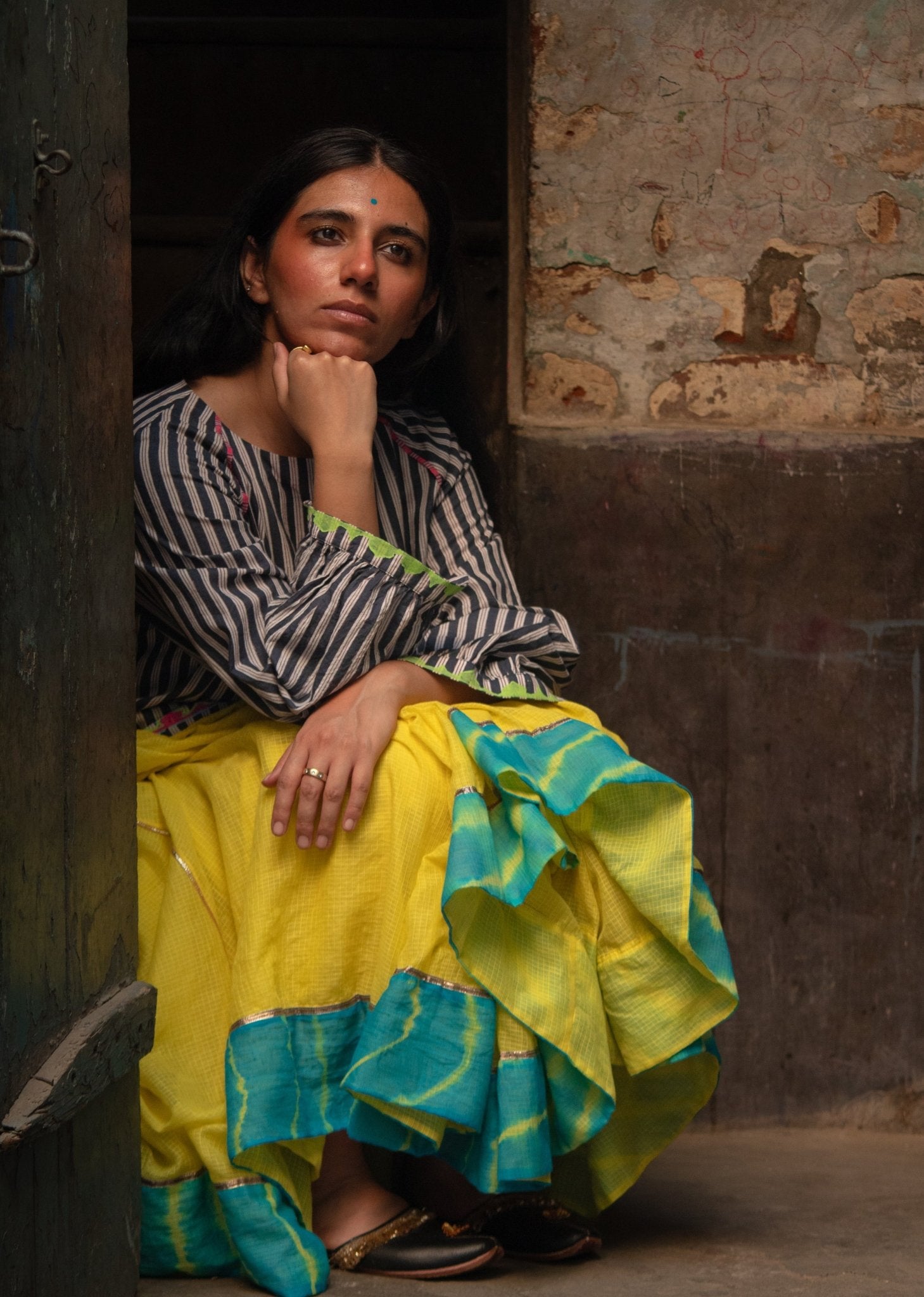 Anaaro - lime yellow Khara panelled skirt in solid cotton kota doria with tie and dye leheriya border - CiceroniSkirtAnaaro