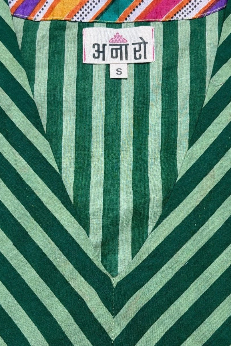 Anaaro- nohra kurta set in 100% cotton hand block print stripes with multicoloured piping - CiceroniKurta Set, Everyday WearAnaaro