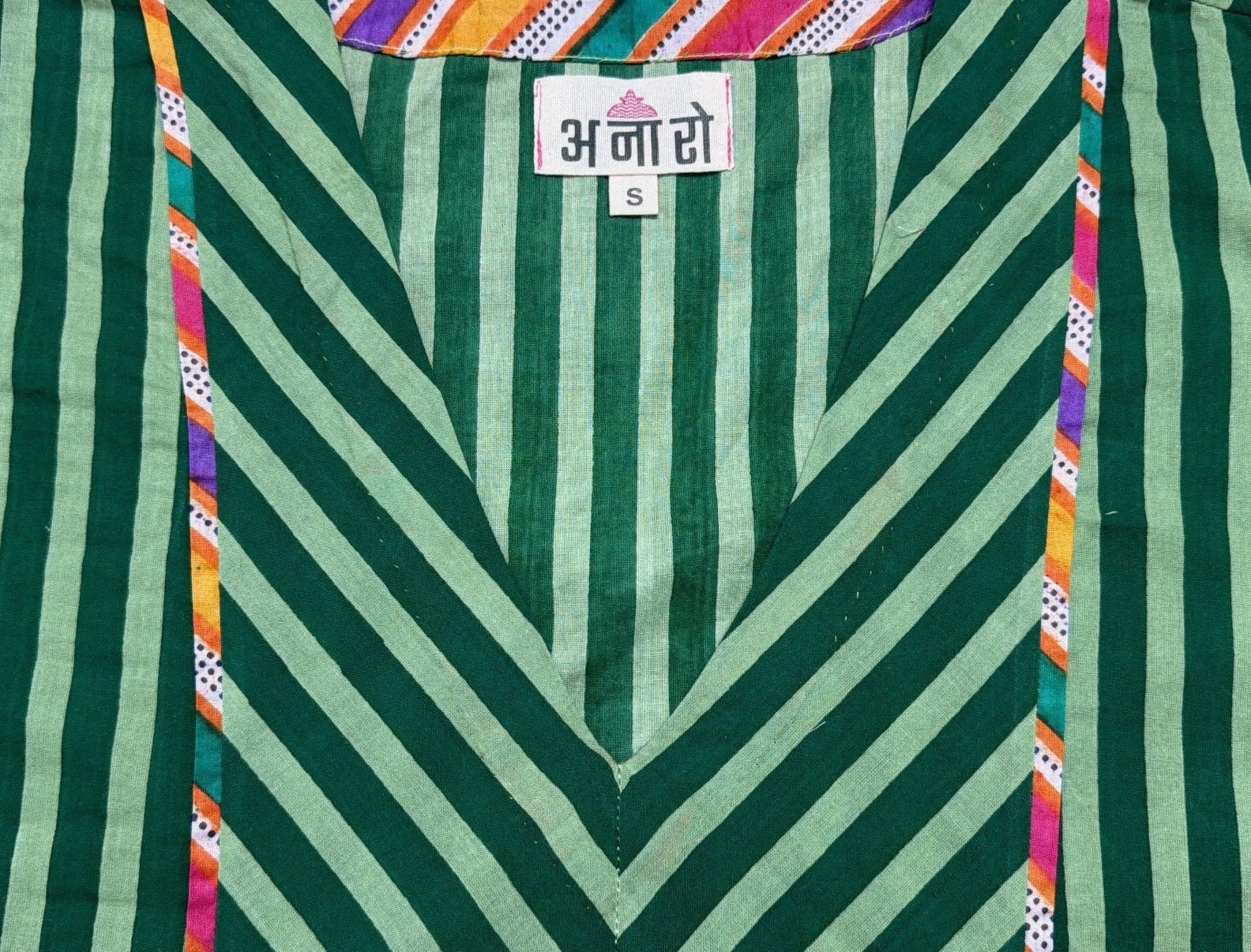 Anaaro- nohra kurta set in 100% cotton hand block print stripes with multicoloured piping - CiceroniKurta Set, Everyday WearAnaaro