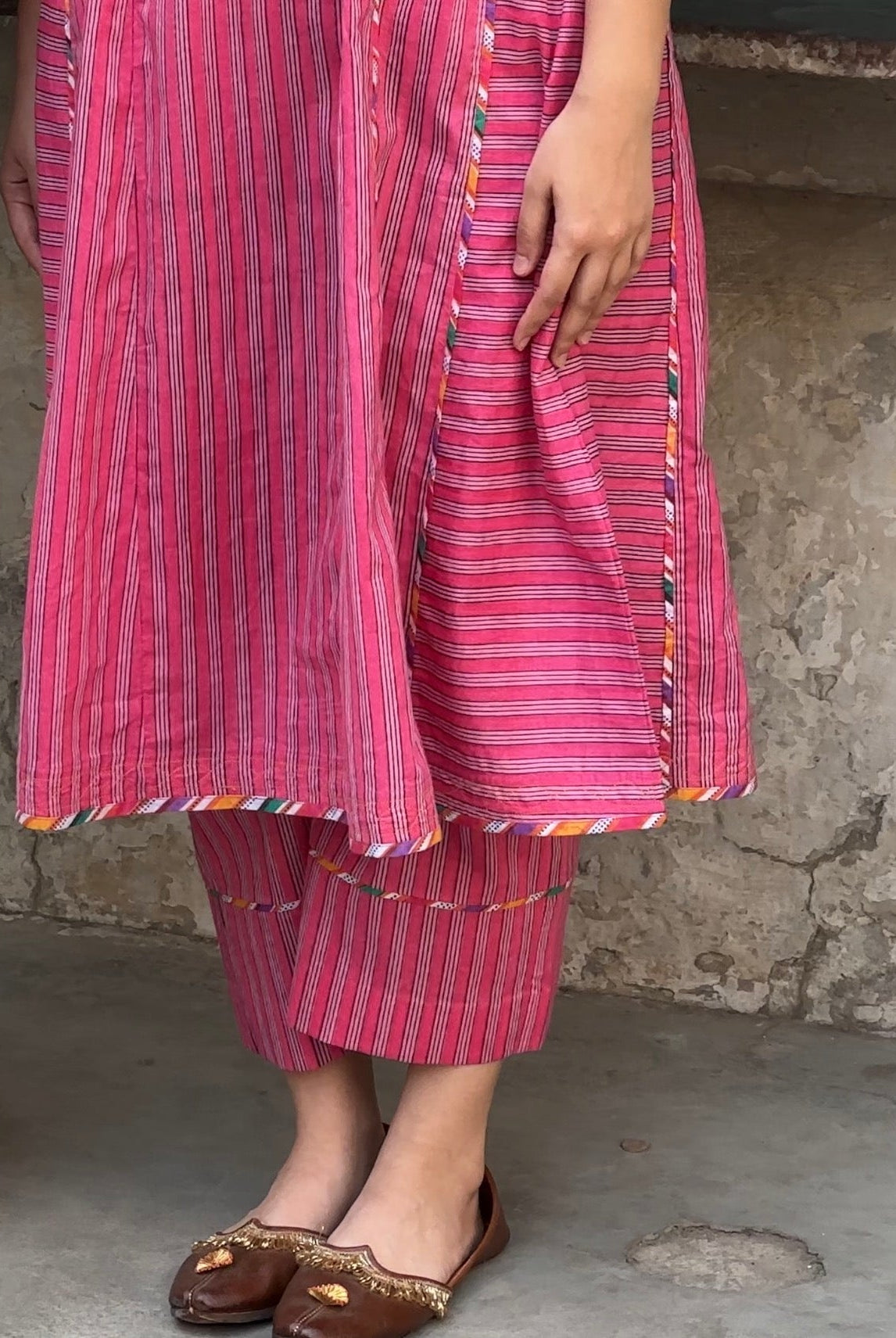 Anaaro - pink nohra kurta set in 100% cotton hand block print stripes with multicoloured piping - CiceroniKurta Set, Everyday WearAnaaro