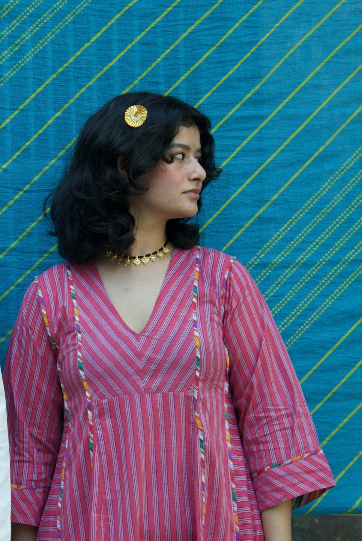 Anaaro - pink nohra kurta set in 100% cotton hand block print stripes with multicoloured piping - CiceroniKurta Set, Everyday WearAnaaro