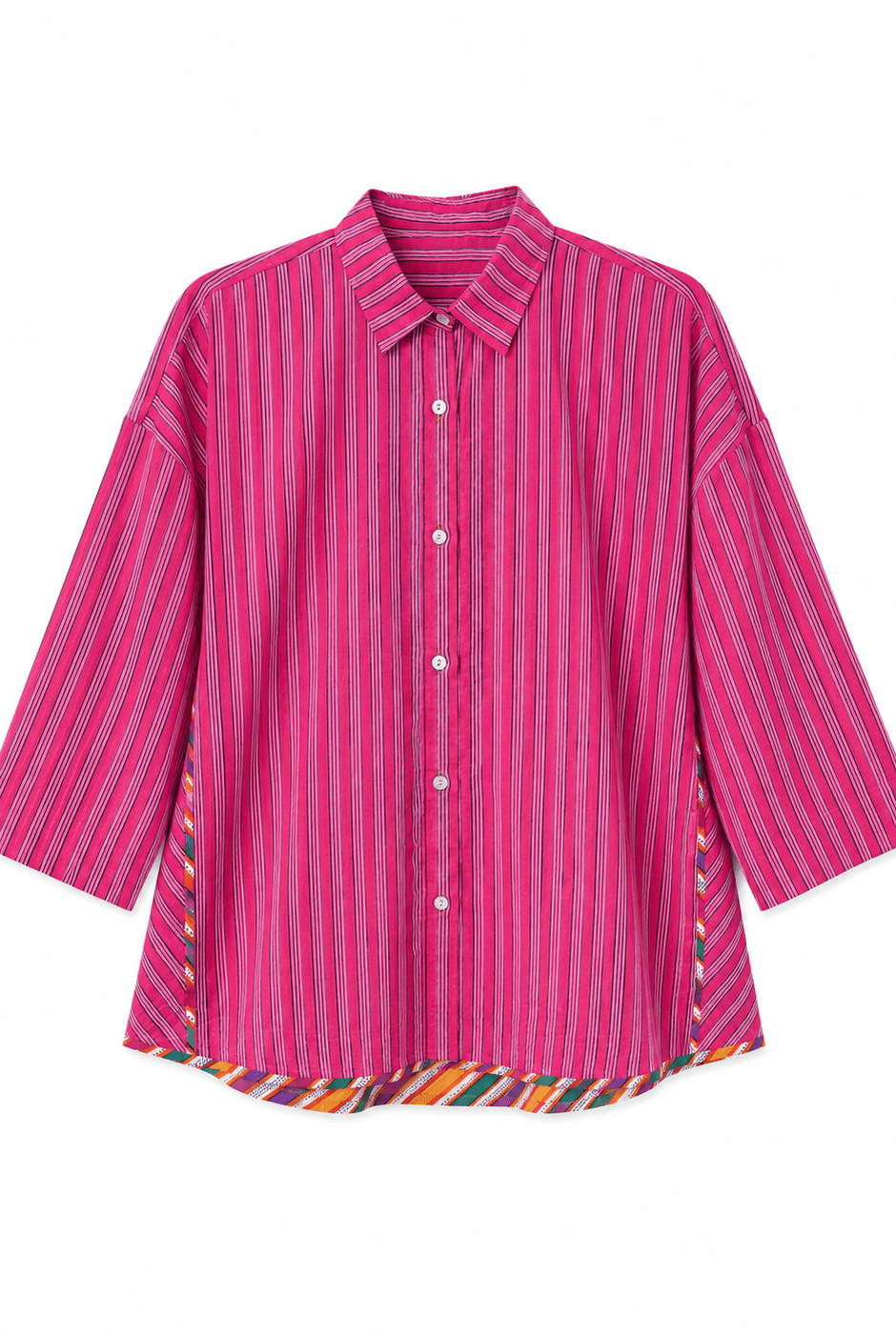 Anaaro - pomegranate pink Khamis shirt in 100% cotton block printed flared shirt - CiceroniWomen ShirtsAnaaro