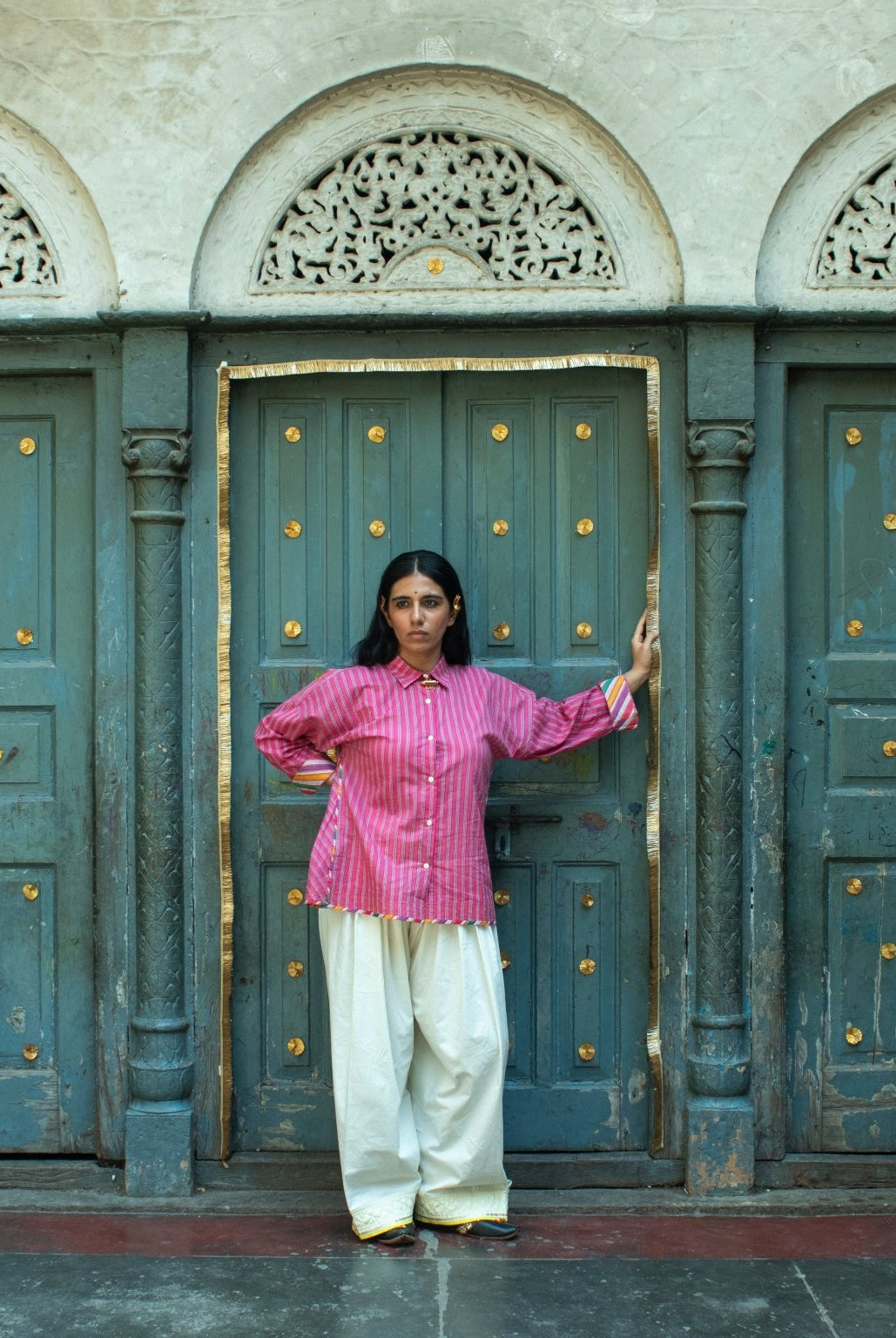 Anaaro - pomegranate pink Khamis shirt in 100% cotton block printed flared shirt - CiceroniWomen ShirtsAnaaro