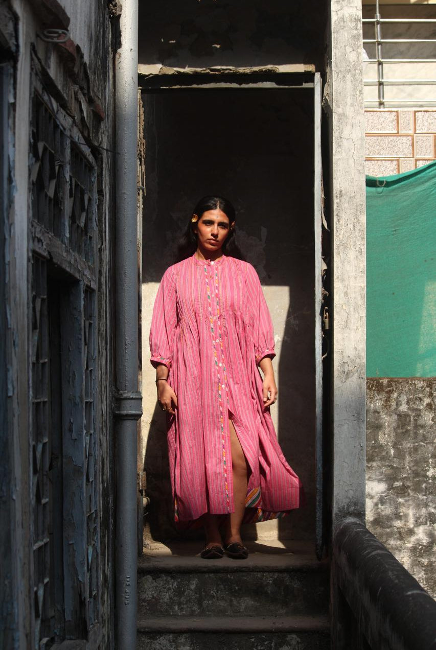 Anaaro - pomegranate pink Manori dress in 100% cotton, hand block printed stripes - CiceroniDressAnaaro
