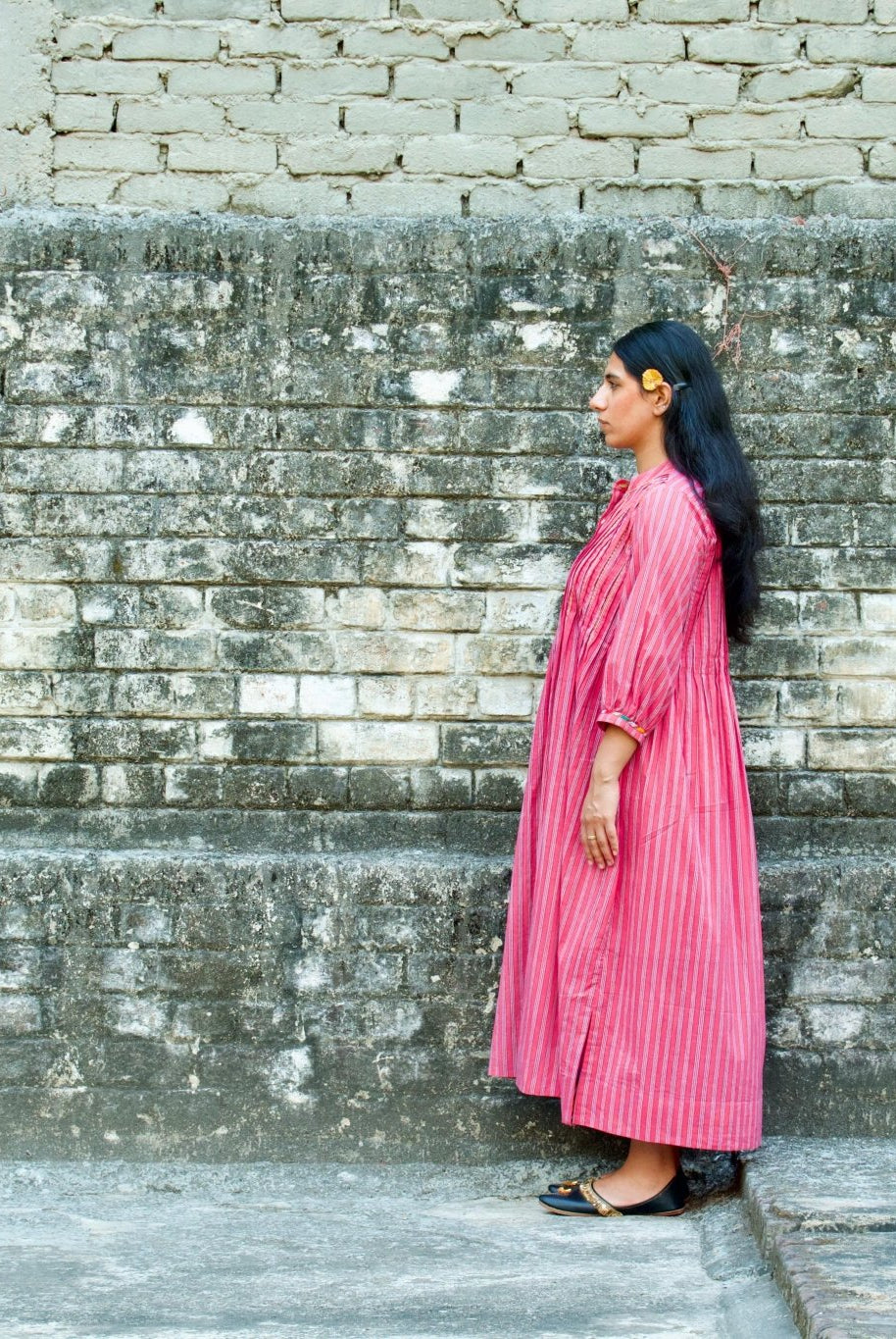 Anaaro - pomegranate pink Manori dress in 100% cotton, hand block printed stripes - CiceroniDressAnaaro