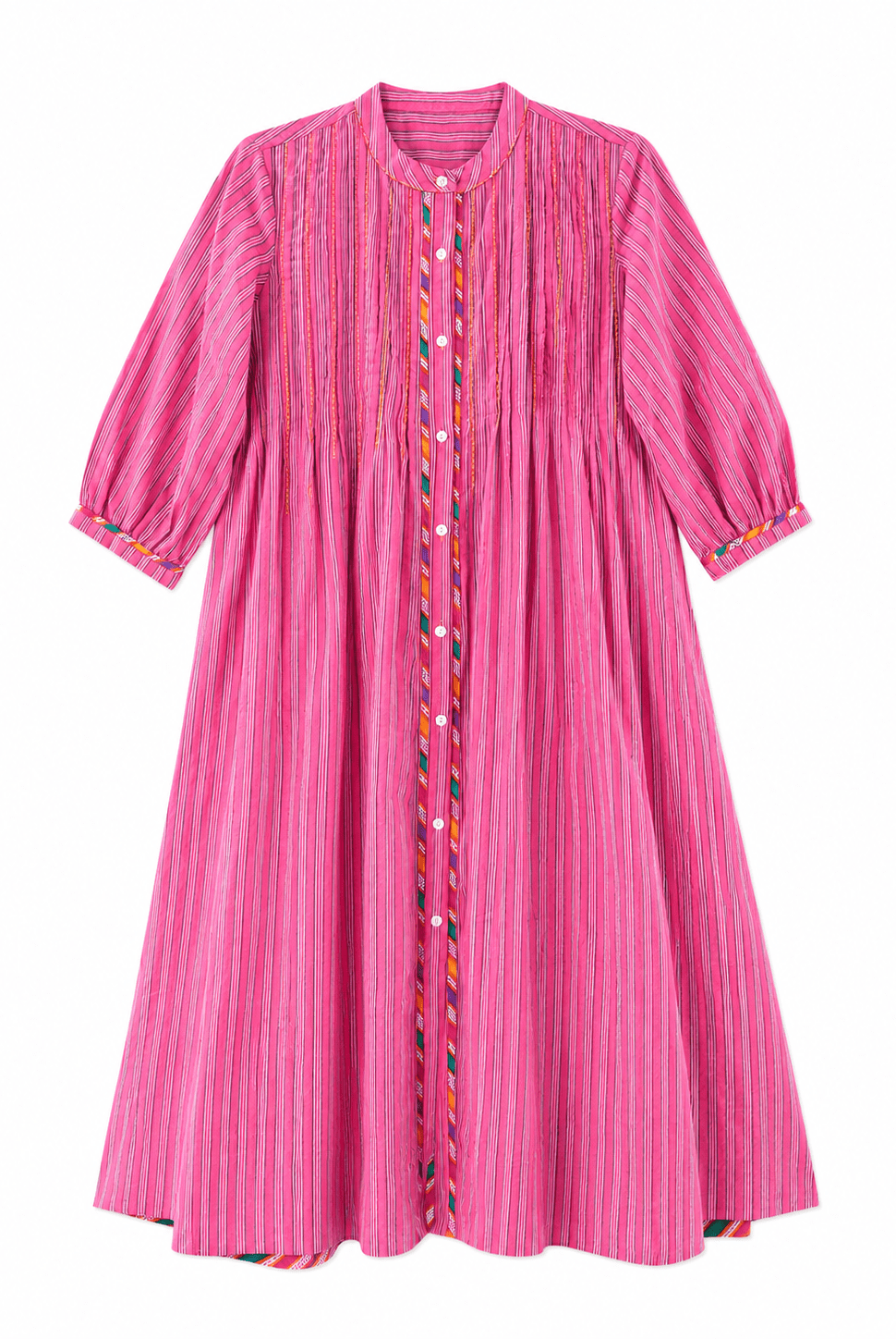 Anaaro - pomegranate pink Manori dress in 100% cotton, hand block printed stripes - CiceroniDressAnaaro